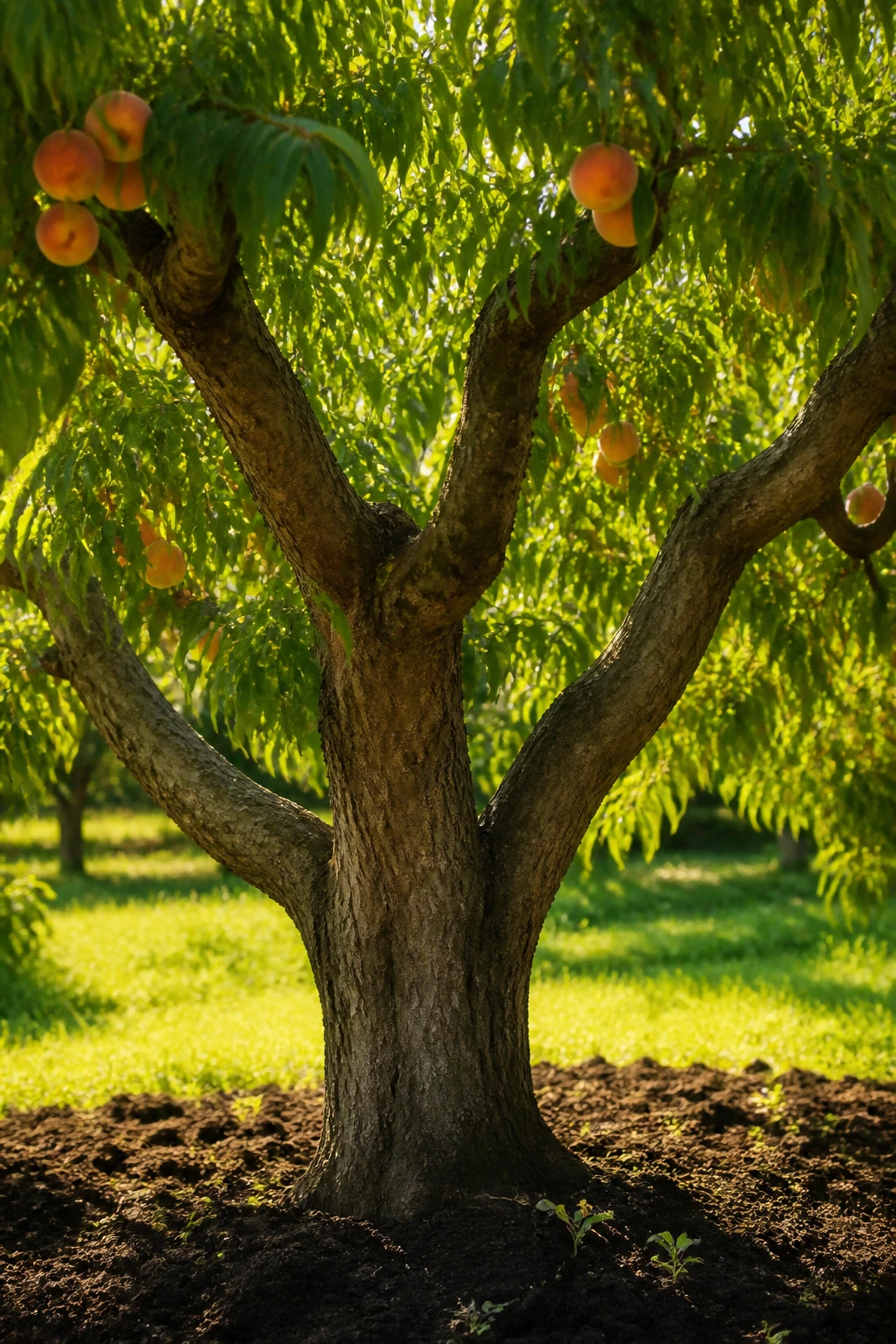 Close-up of a healthy peach tree with lush canopy in a sunlit garden.