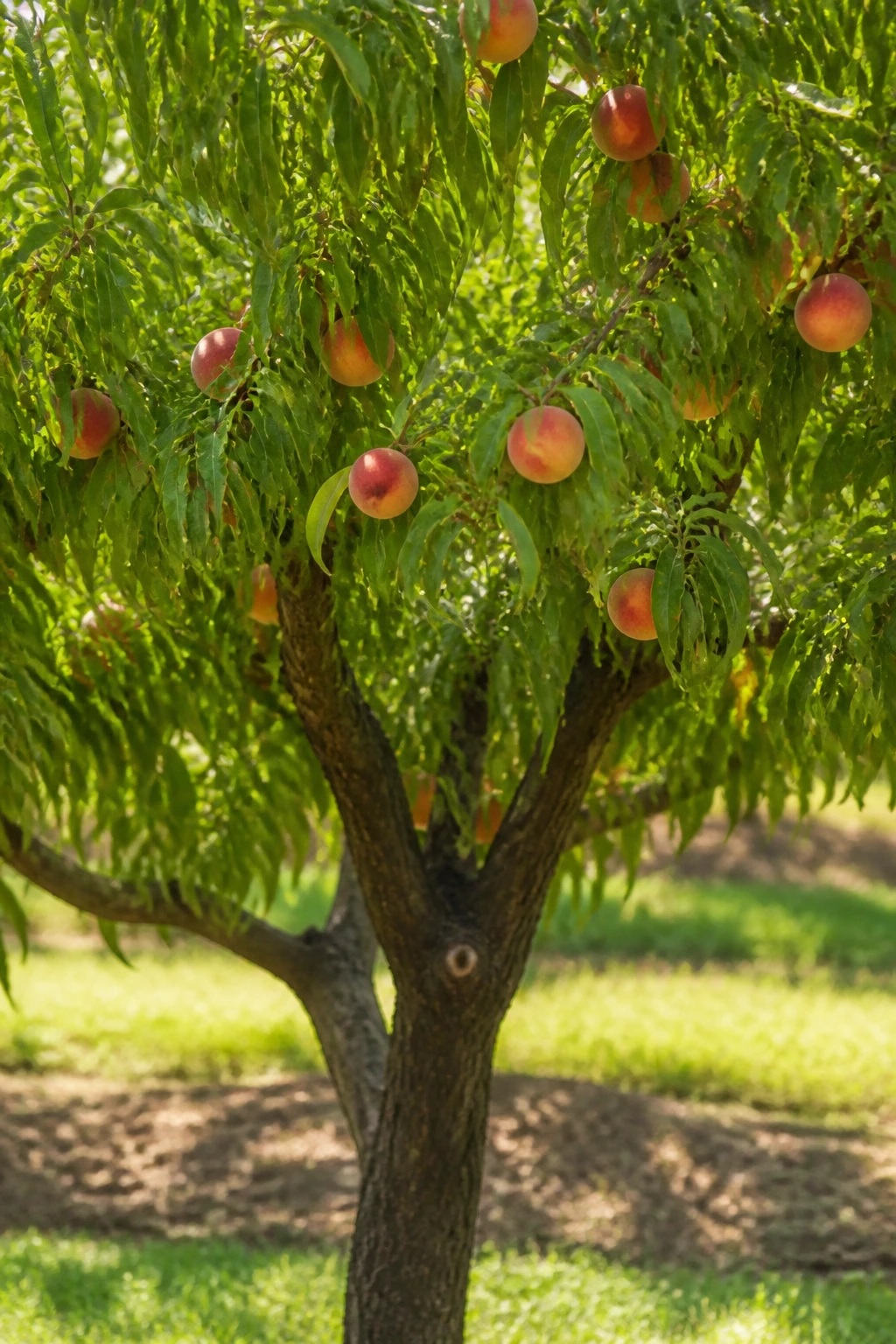 Single peach tree in a sunlit orchard with dense canopy filling the frame.