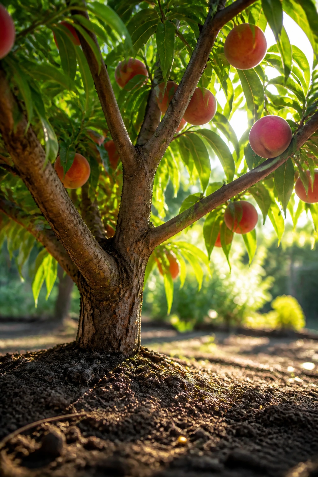 Close-up of a peach tree showing healthy branches in a sunlit garden.
