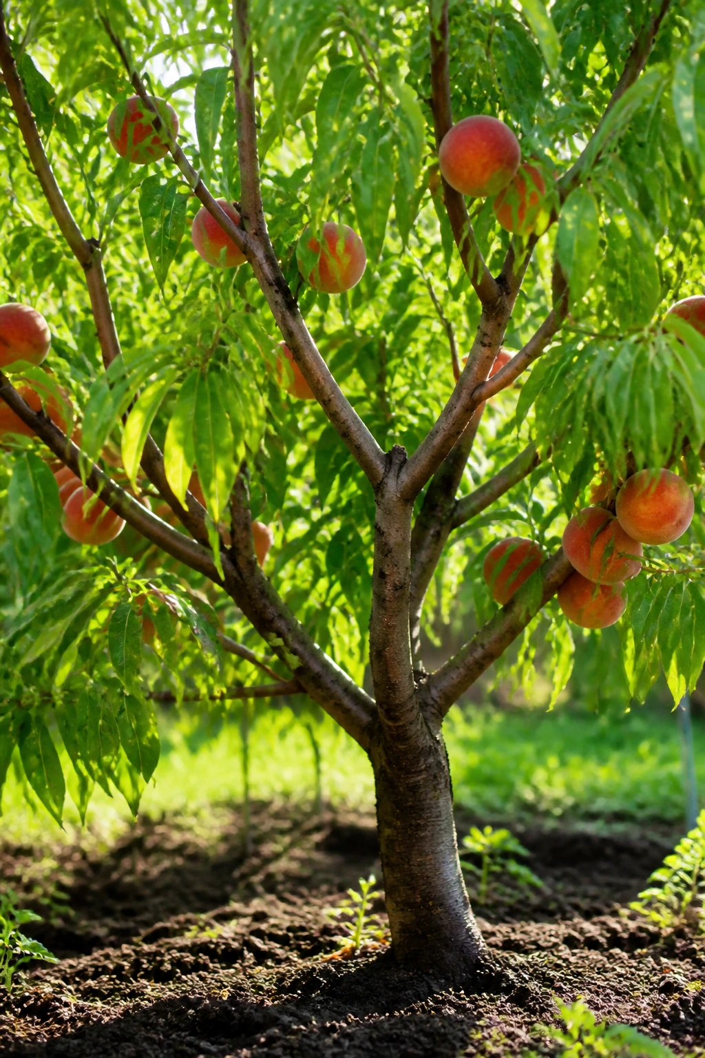 Pruned peach tree in a sunlit garden with a healthy canopy dominating the frame.