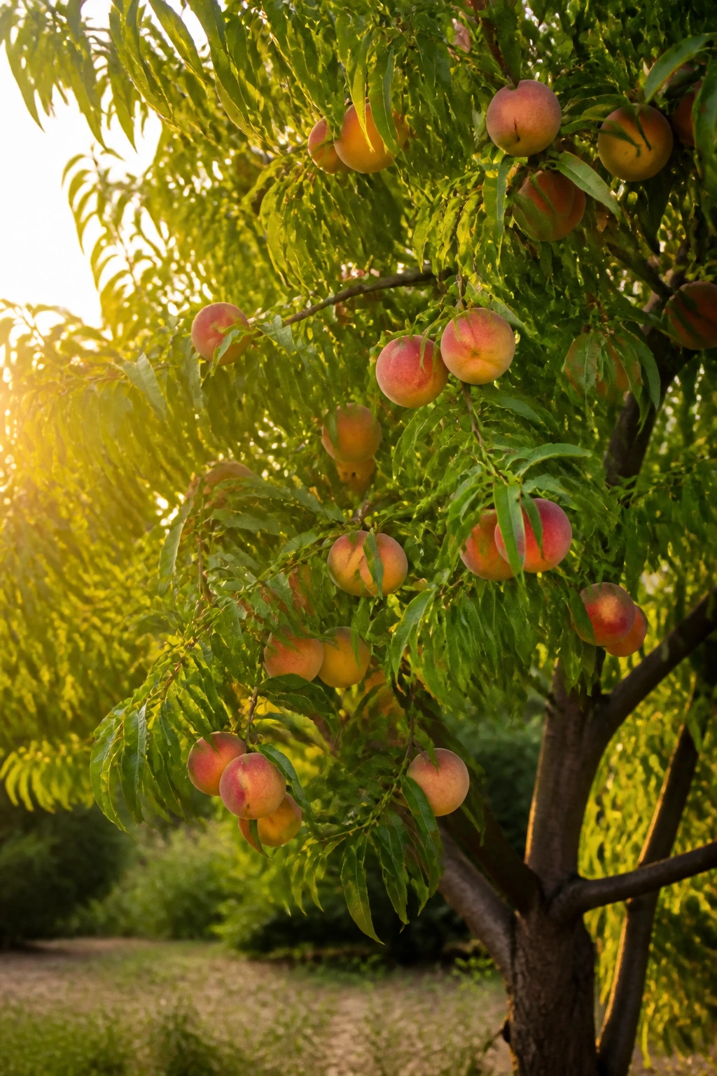 Healthy peach tree with abundant fruit in a sunlit garden.