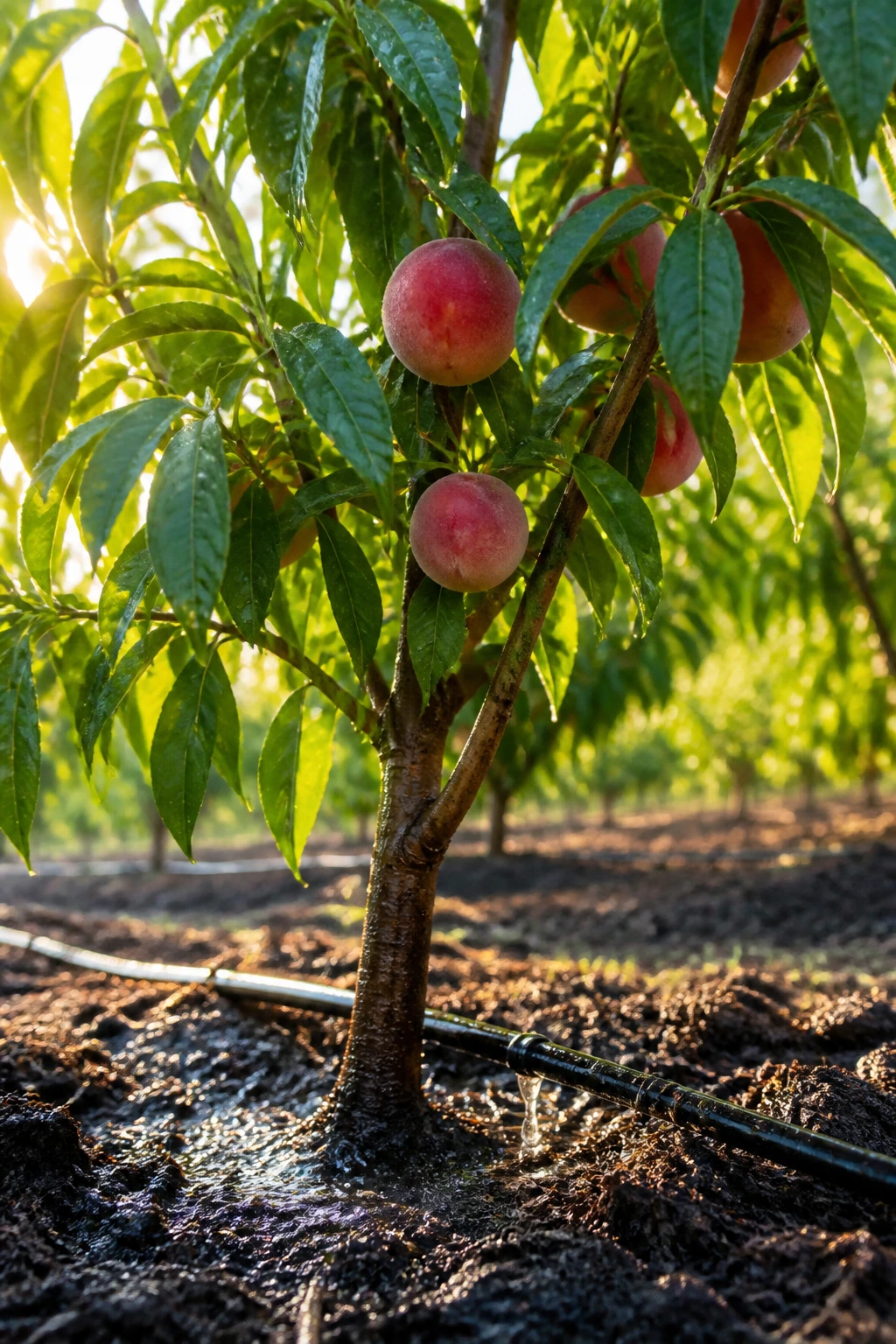 Signs That You Are Underwatering or Overwatering Peach Tree 1 Close-up of a healthy peach tree in a sunlit orchard with moist soil at the base, illustrating proper watering.