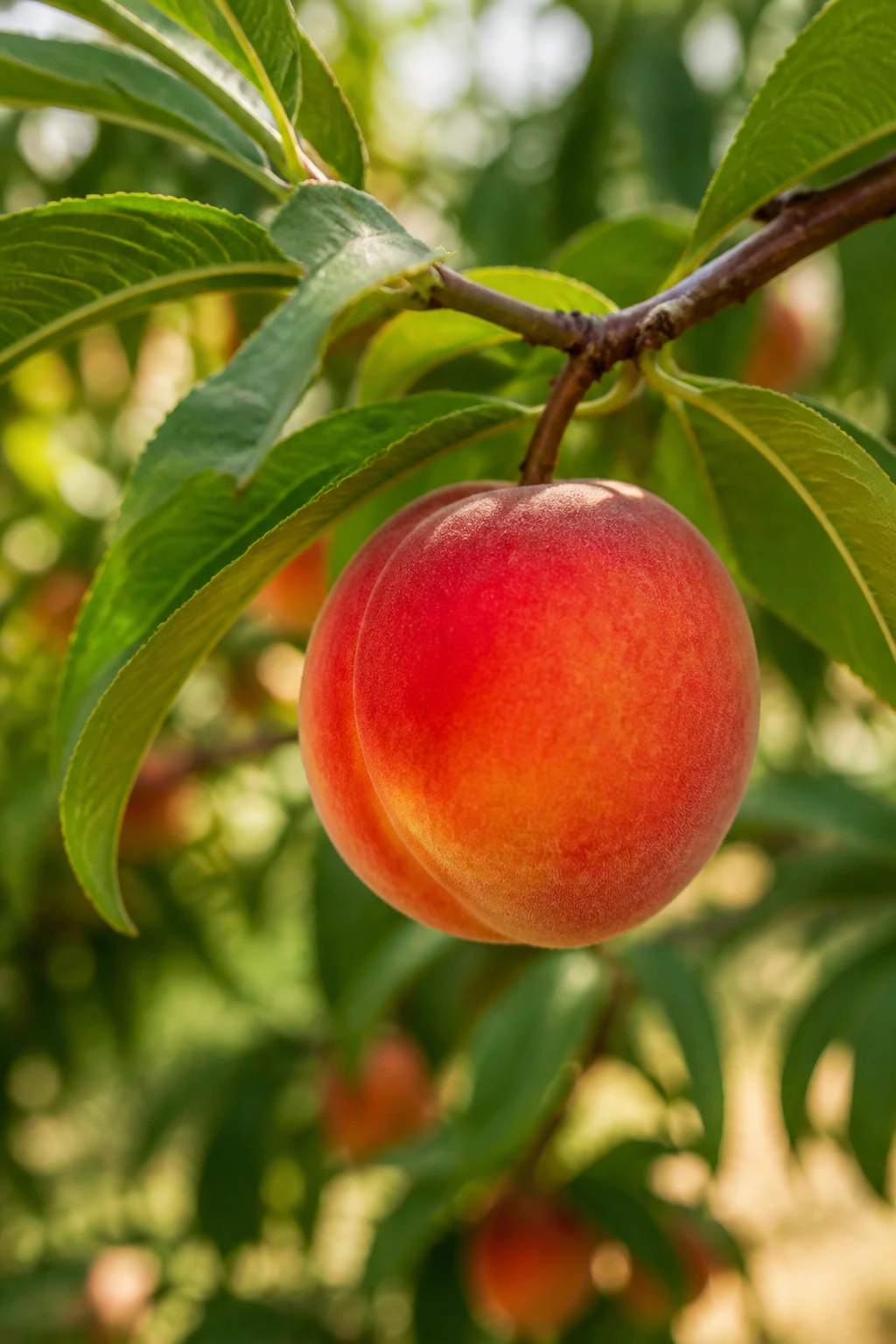 Close-up of a peach on a peach tree branch in a sunlit orchard (Prunus persica).