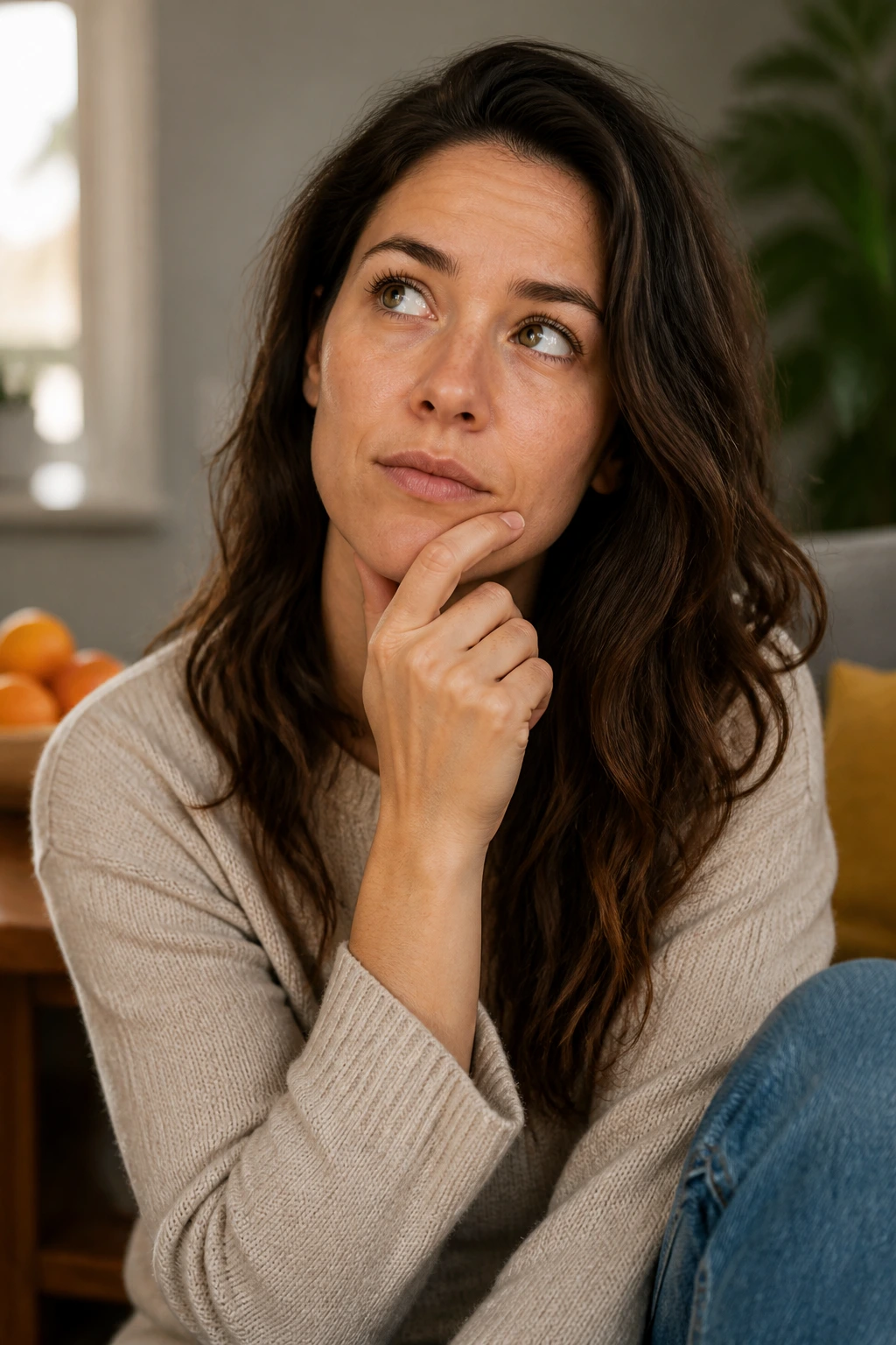 Close-up portrait of a person thinking about peaches FAQs in a home setting