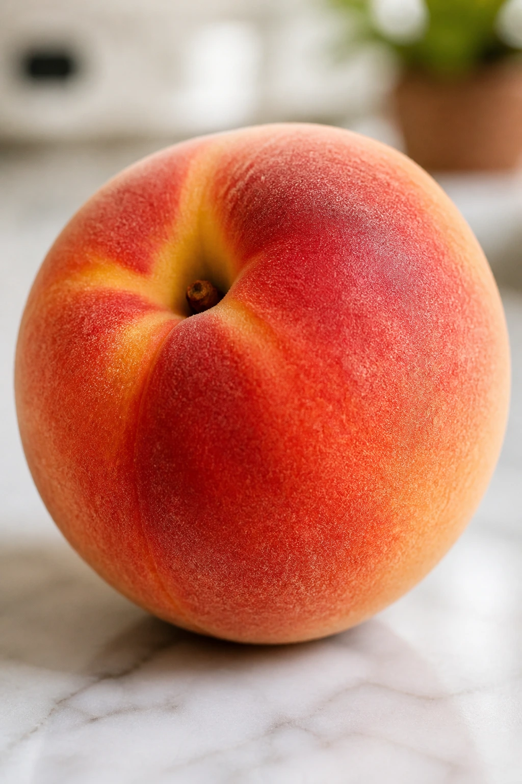 Banishing Breakouts: Are Peaches Good For Acne? 4 Close-up of a peach on a bright counter in a sunlit kitchen