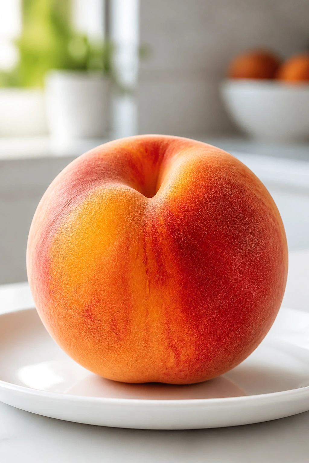 Single peach on a plate in a bright kitchen