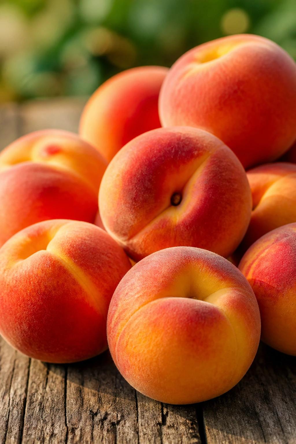Pile of ripe peaches filling frame on an outdoor wooden surface.