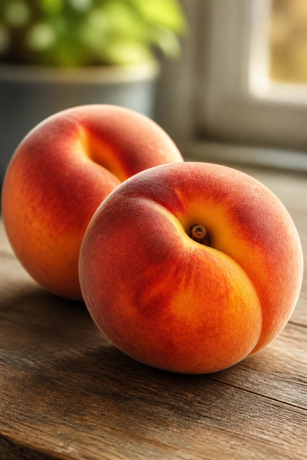 Are Peaches Good For Pregnancy? Yes, All You Need To Know 2 Two ripe peaches on a rustic surface in warm light, highlighting their health benefits for pregnancy