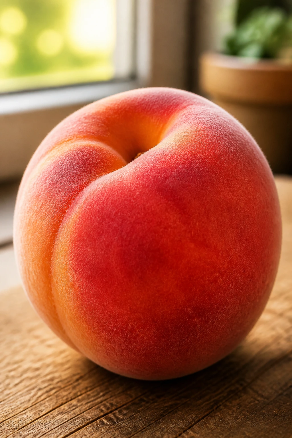 Close-up of a ripe peach filling the frame on a wooden kitchen counter.