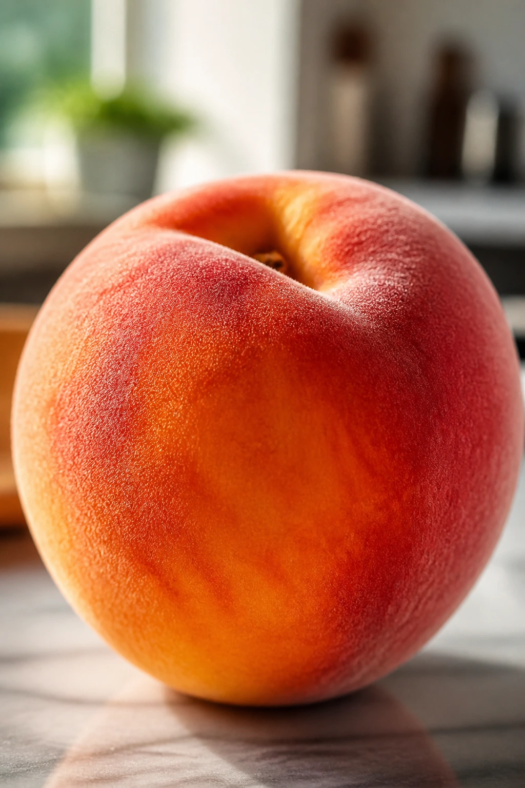 Are Peaches Keto Diet Friendly? All You Need To Know 10 Close-up of a ripe peach occupying the frame with warm kitchen lighting and keto context