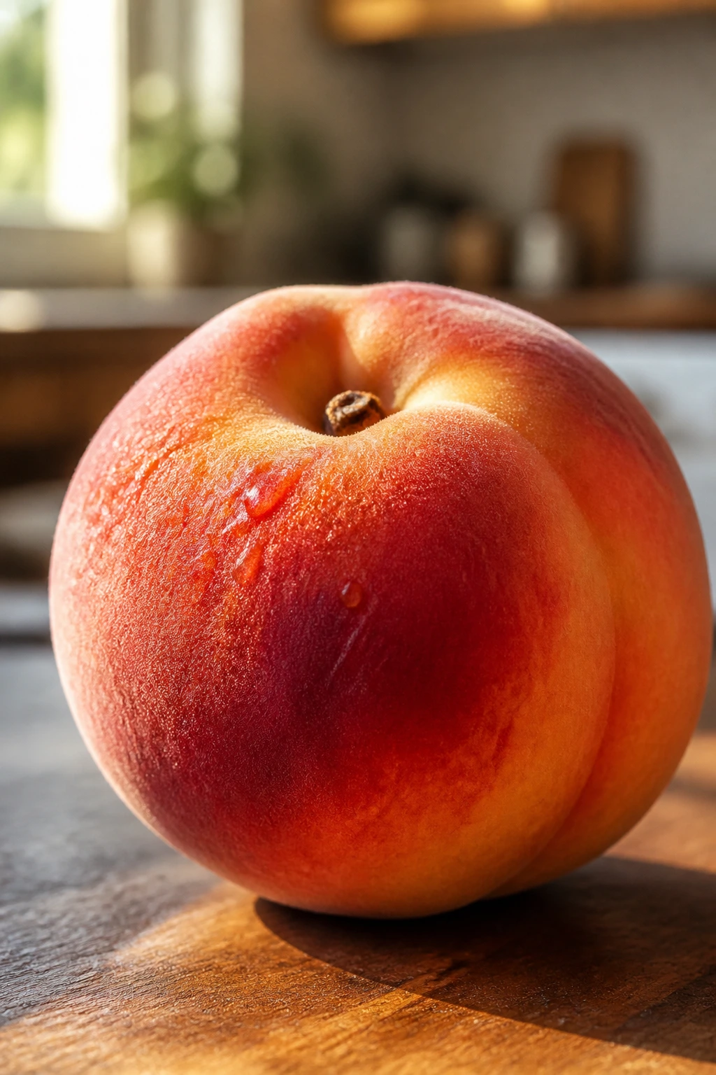 Are Peaches Keto Diet Friendly? All You Need To Know 5 Close-up of a ripe peach filling the frame in a cozy kitchen