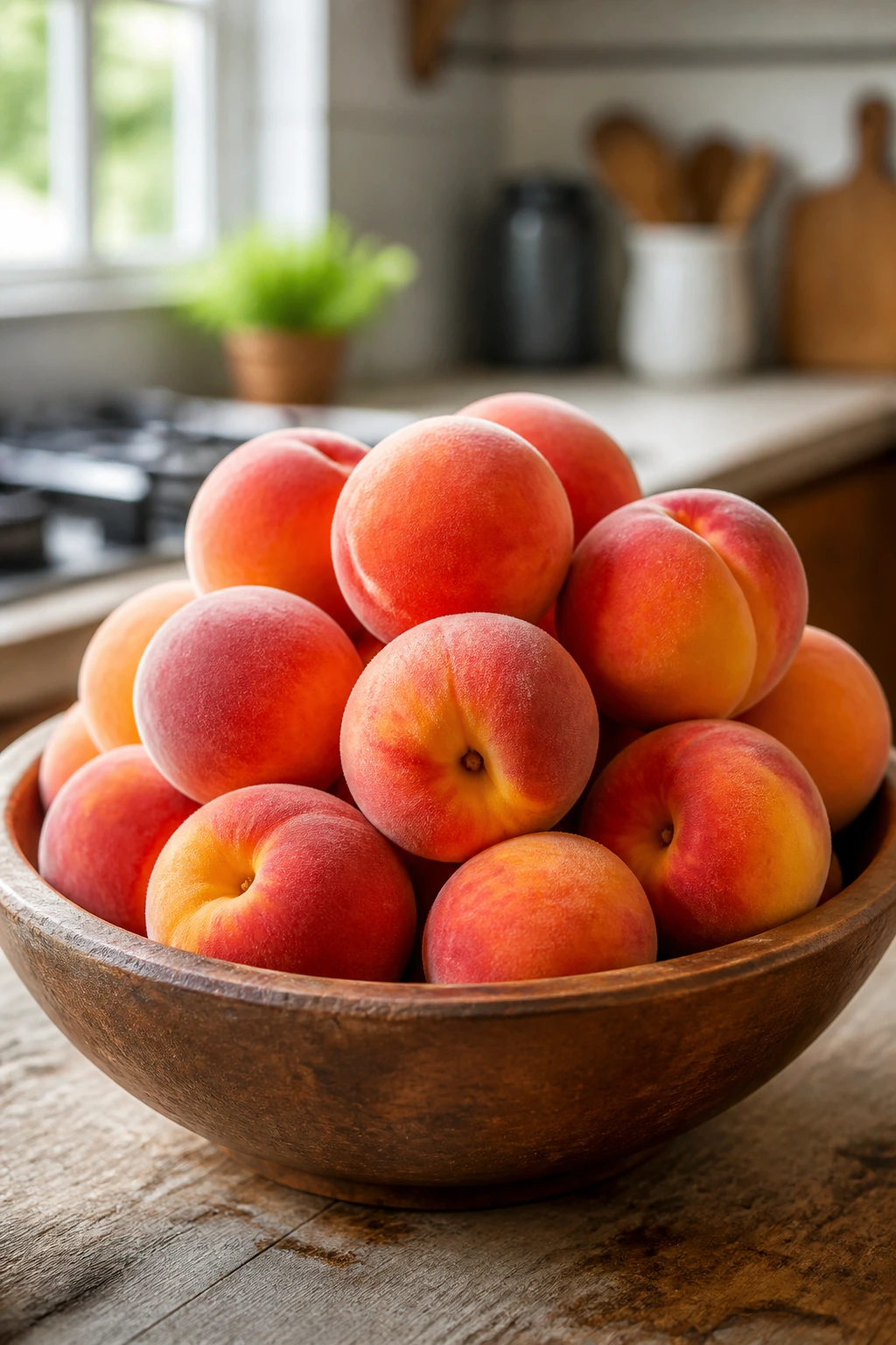 Peaches piled in a wooden bowl on a kitchen counter in natural light