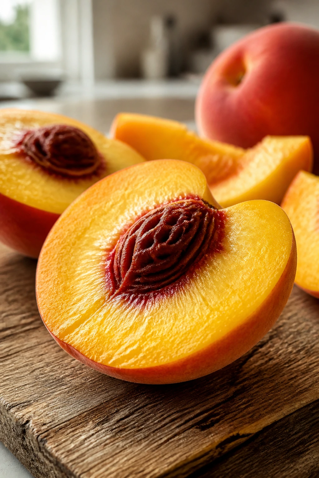 Banishing Breakouts: Are Peaches Good For Acne? 2 Close-up sliced peaches filling the frame on a wooden cutting board in a sunny kitchen