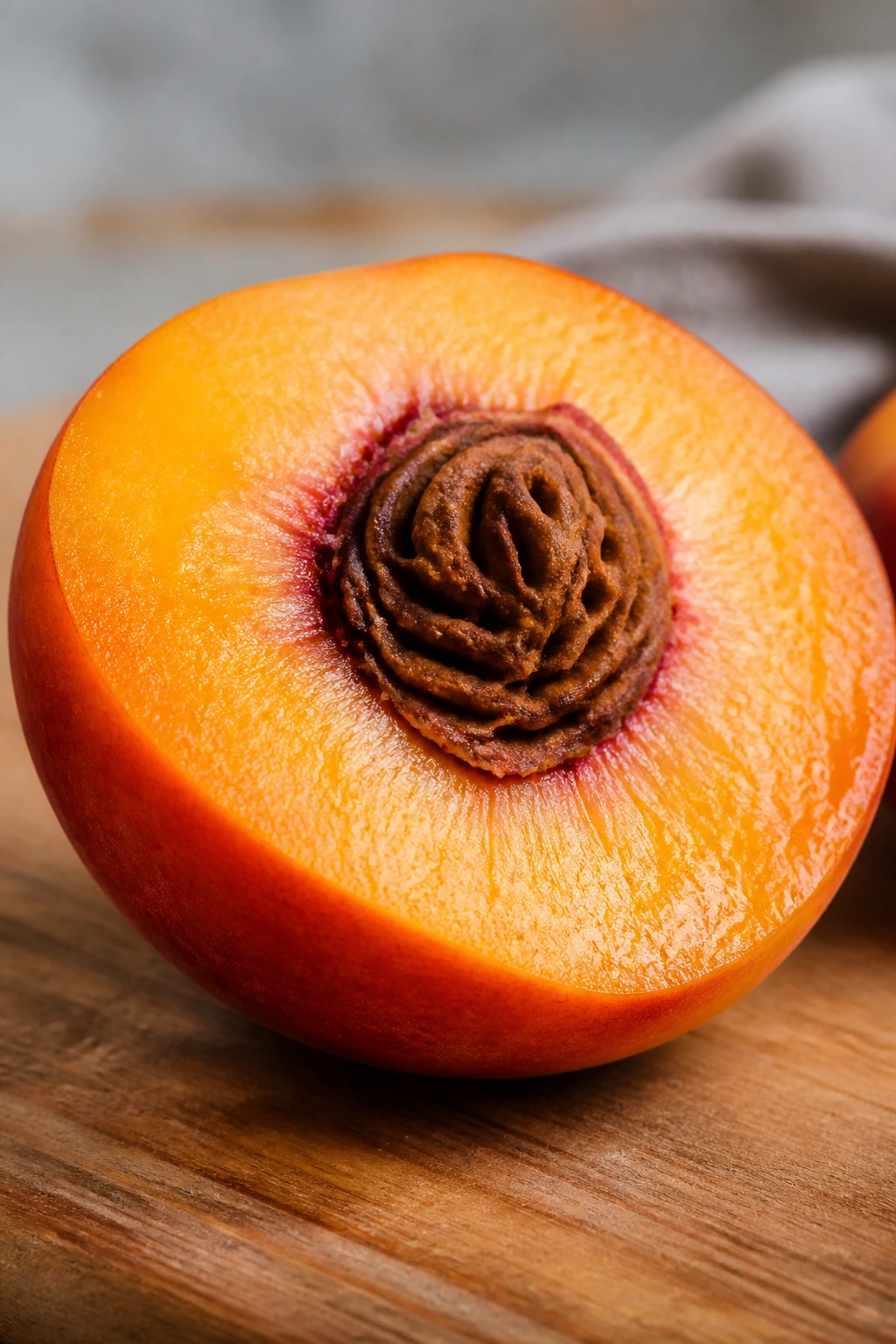 Close-up of a peach half showing orange flesh on a cutting board
