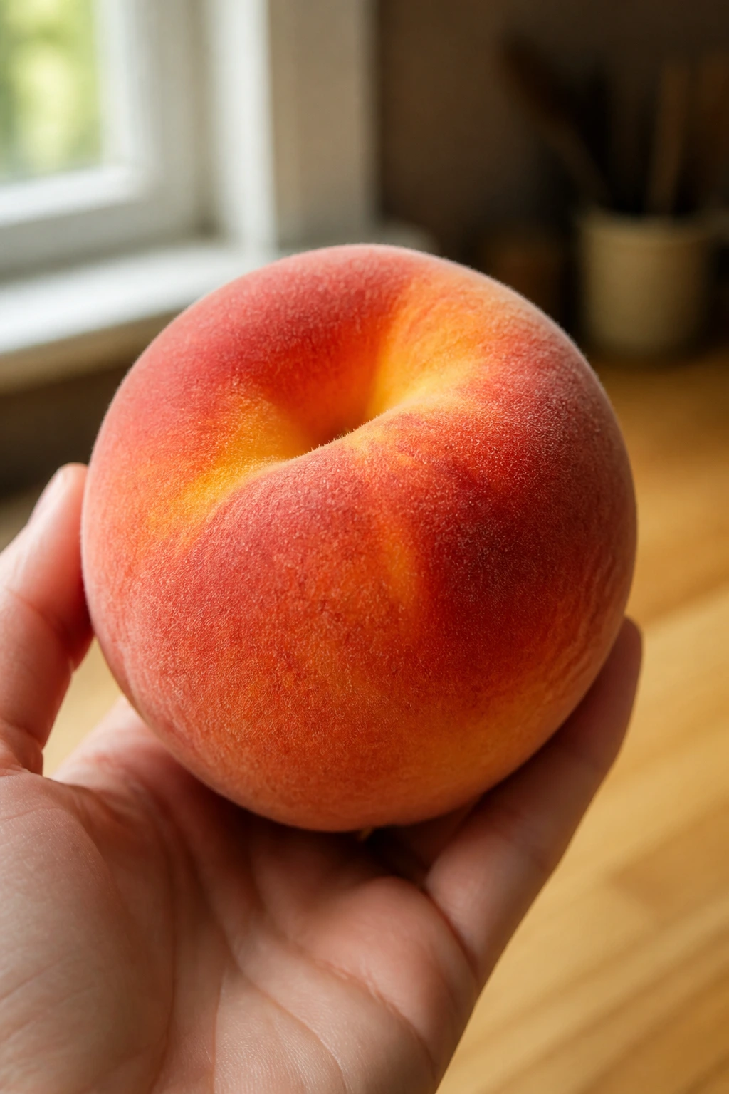 Close-up of a ripe peach held in a hand in a warm kitchen