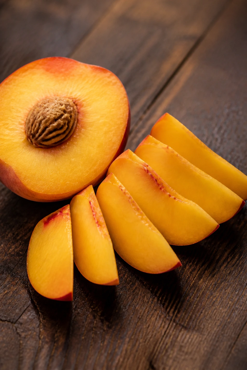 Are Peaches Keto Diet Friendly? All You Need To Know 8 Half peach with fanned slices on dark wood surface