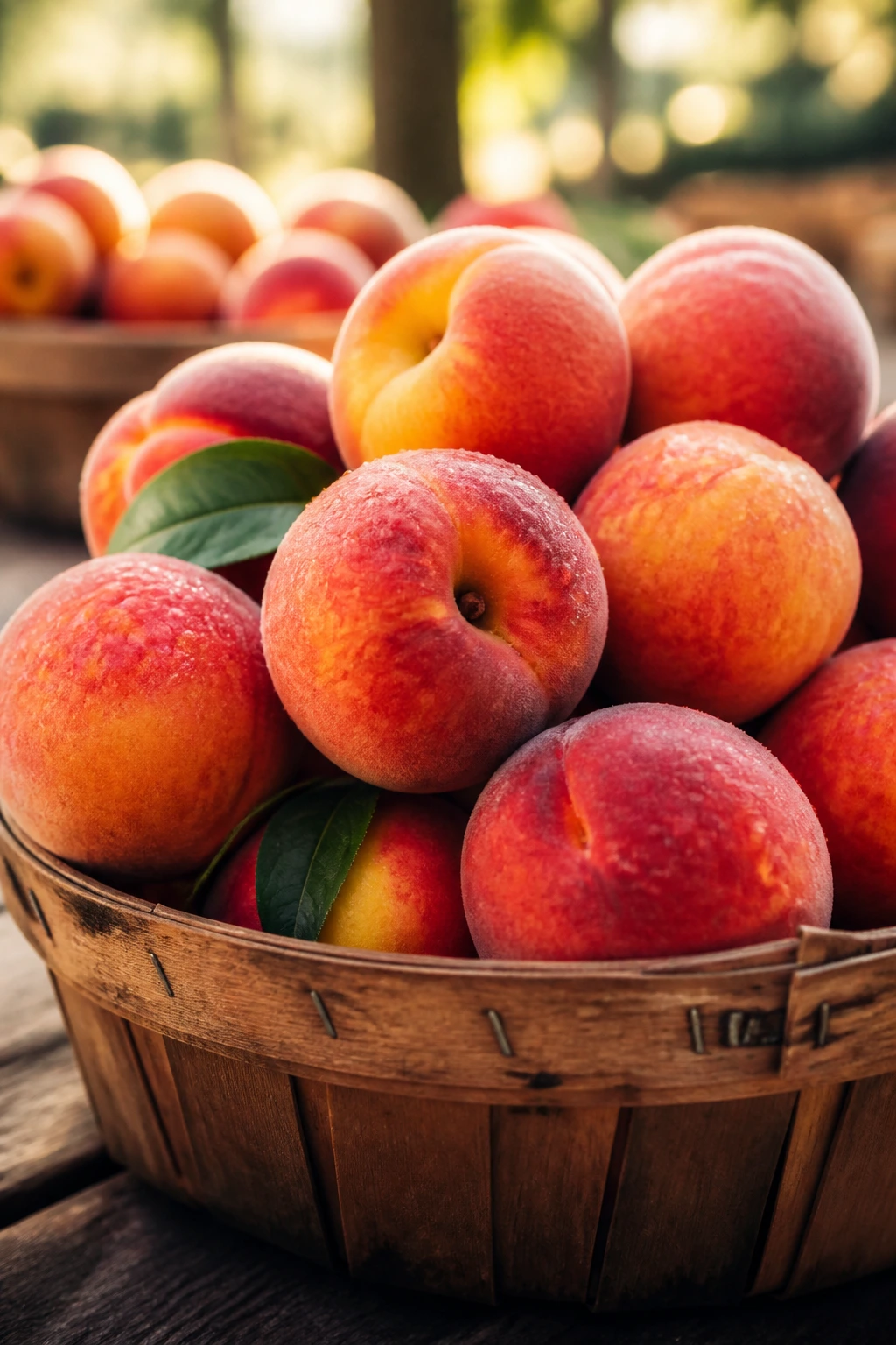 Peaches arranged in a rustic basket on a wooden table in warm light