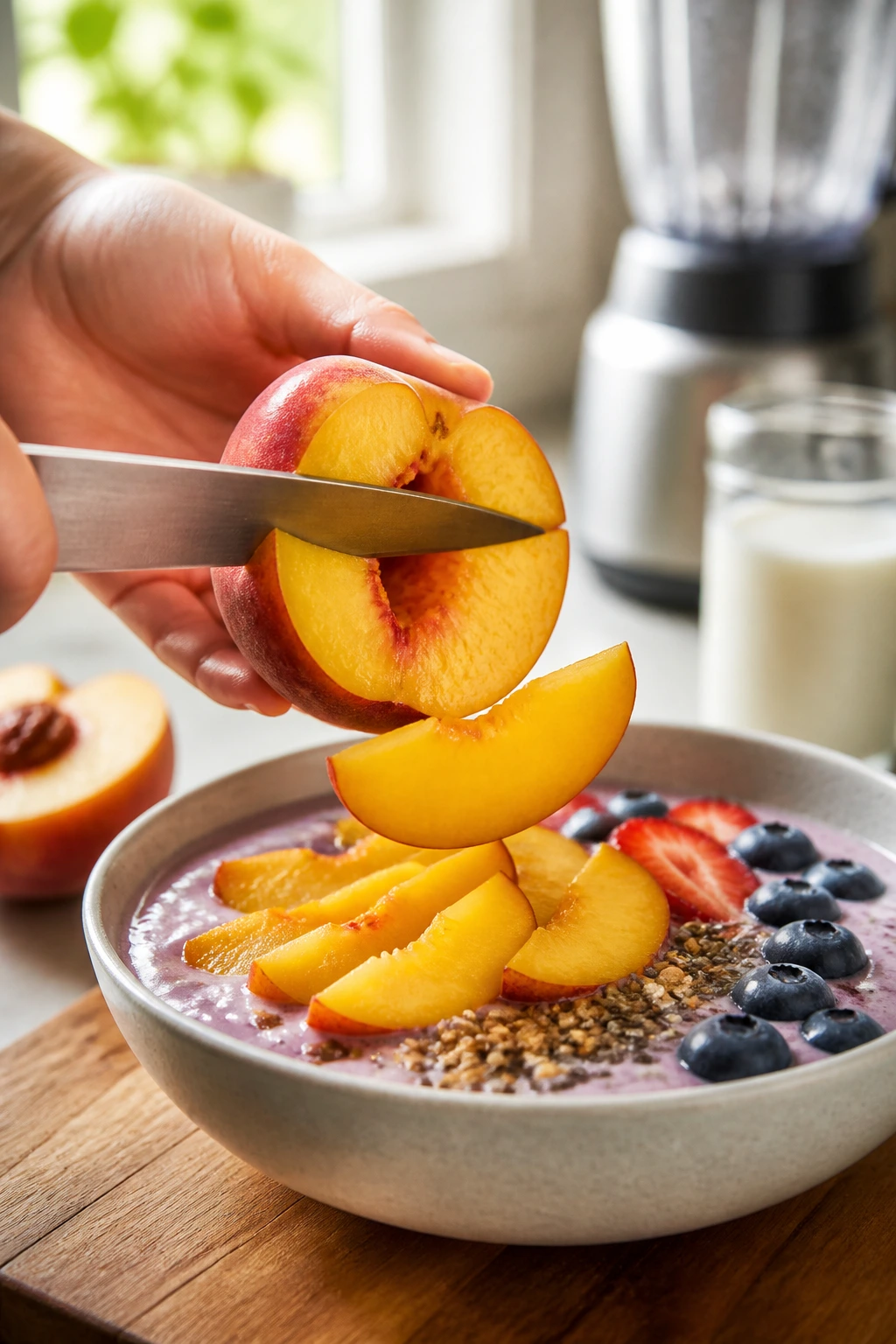 Ripe peach being sliced above a smoothie bowl in a bright kitchen
