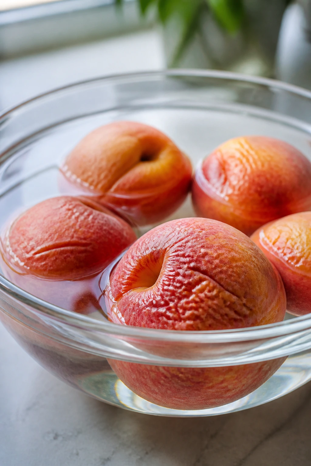 How To Tell If Peaches Are Bad & How Long Do They Last? 12 Wrinkled peaches soaking in cool water on a kitchen counter