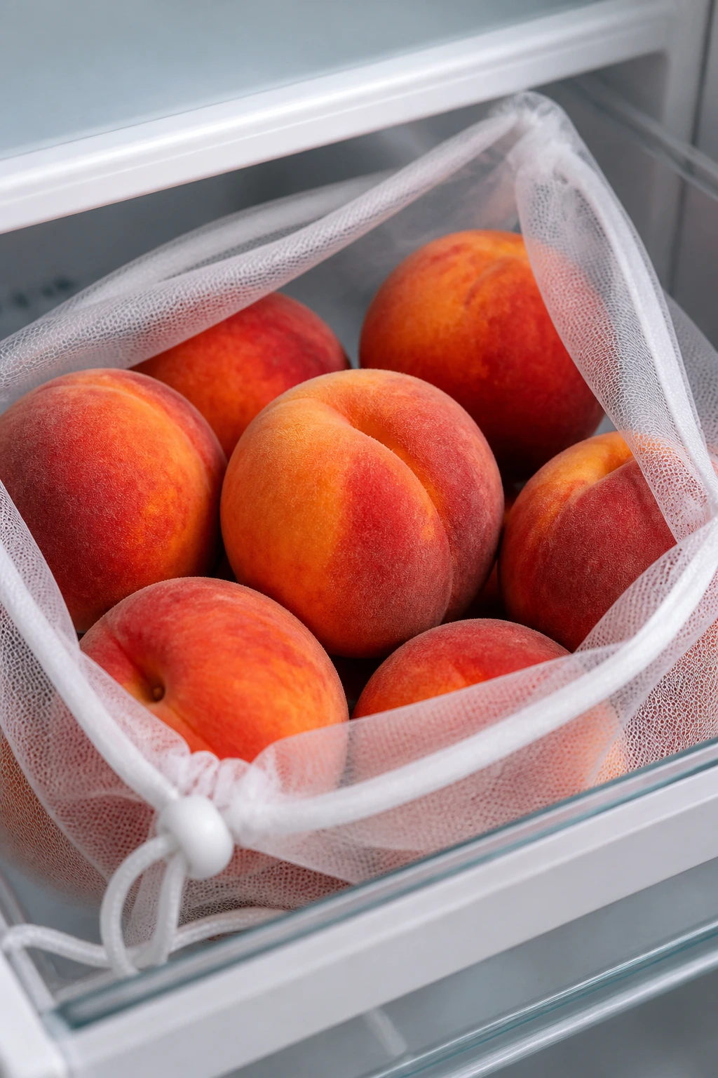 How To Tell If Peaches Are Bad & How Long Do They Last? 11 Close-up of peaches in a breathable bag inside a fridge crisper