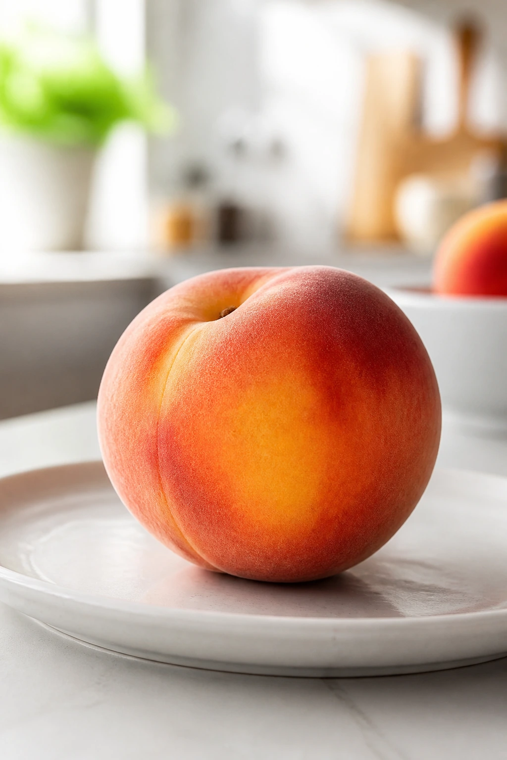 Close-up of a fresh peach on a plate in a bright kitchen