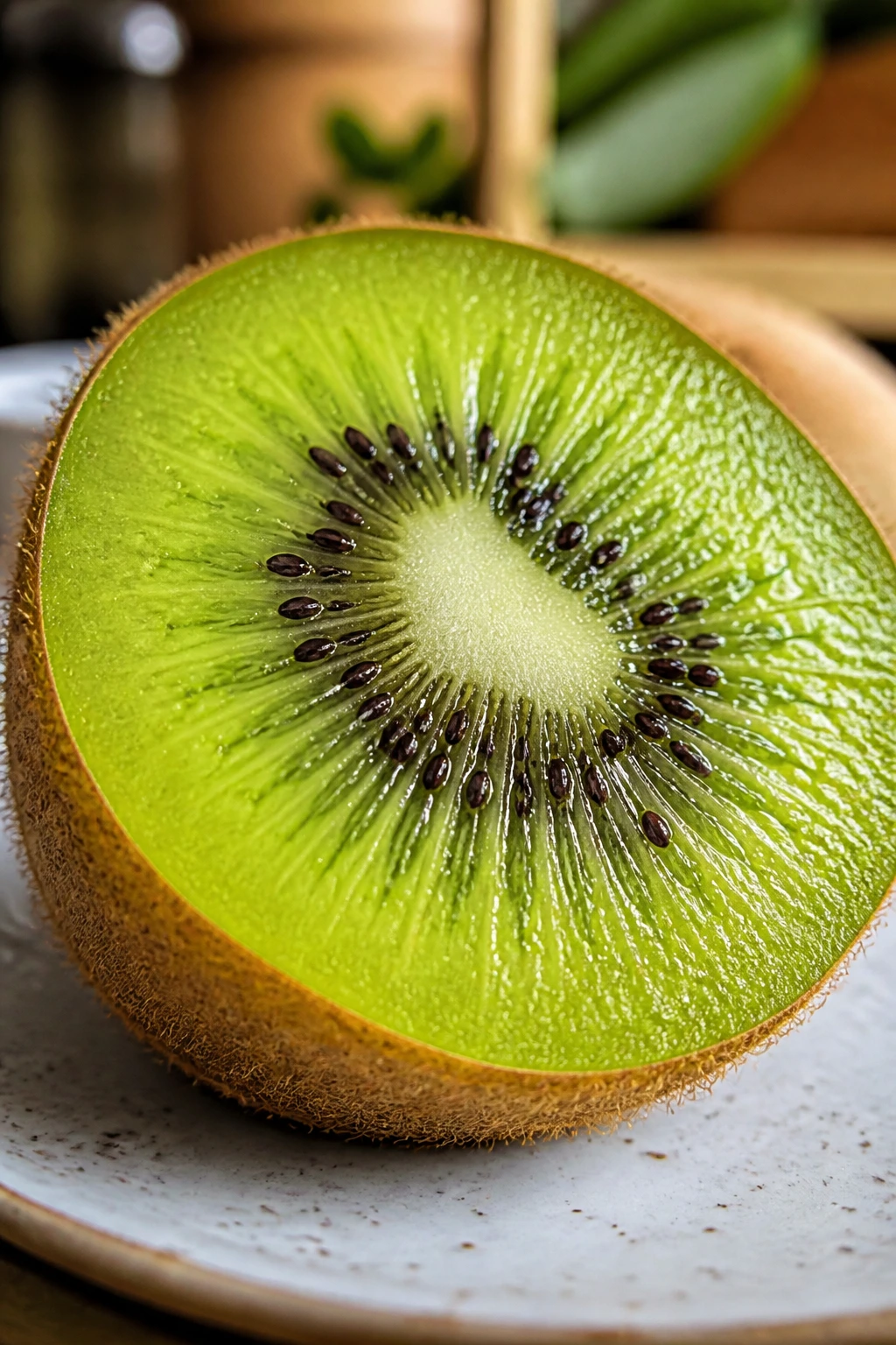 When Are Kiwis In Season? All You Need To Know 3 Ripe kiwi half with bright green flesh on a plate in a warm kitchen