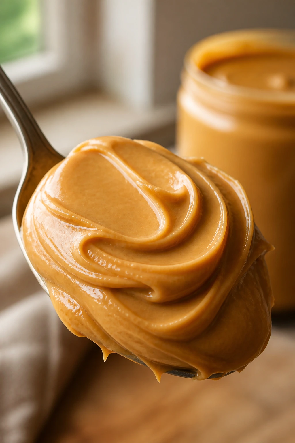Is Banana and Peanut Butter Healthy? 2 Close-up of creamy peanut butter on a spoon with a blurred kitchen background