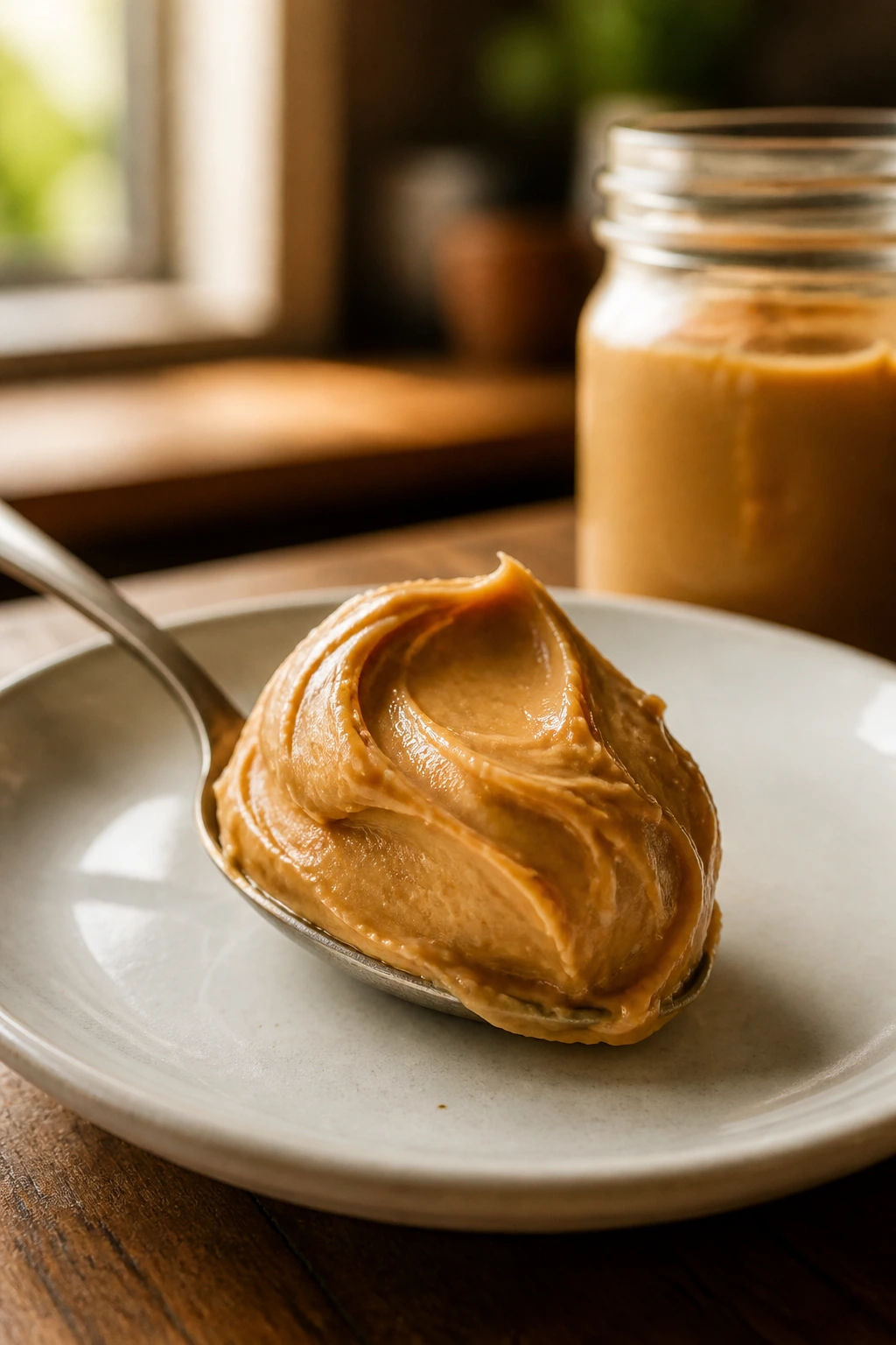 Can Chickens Eat Peanuts Or Any Peanut By-Products? 5 Spoonful of peanut butter on a plate in a warm kitchen