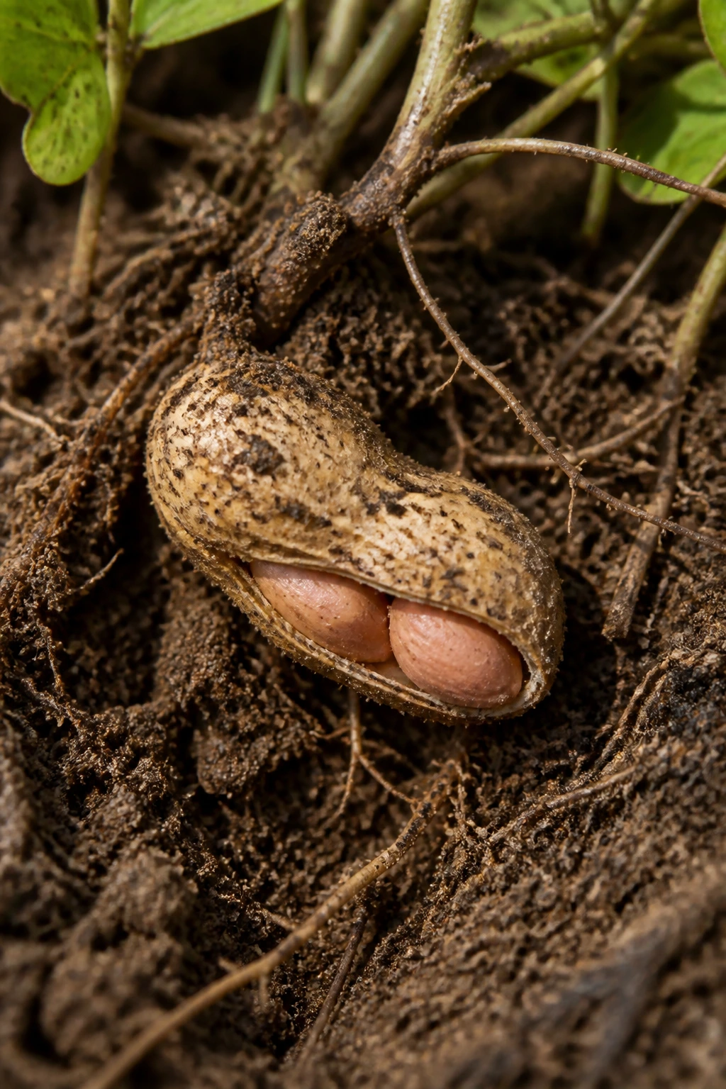 Peanut pod half-buried in soil showing legume features