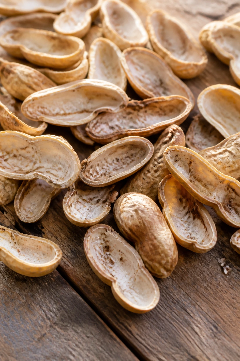 Can Chickens Eat Peanuts Or Any Peanut By-Products? 4 Loose peanut shells scattered on a wooden board