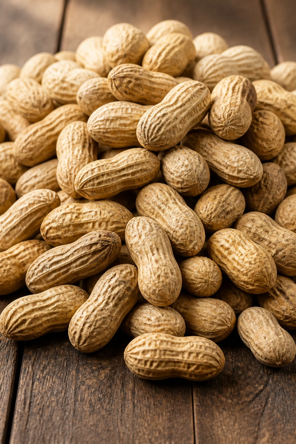 Close-up of shelled peanuts piled on a wooden surface