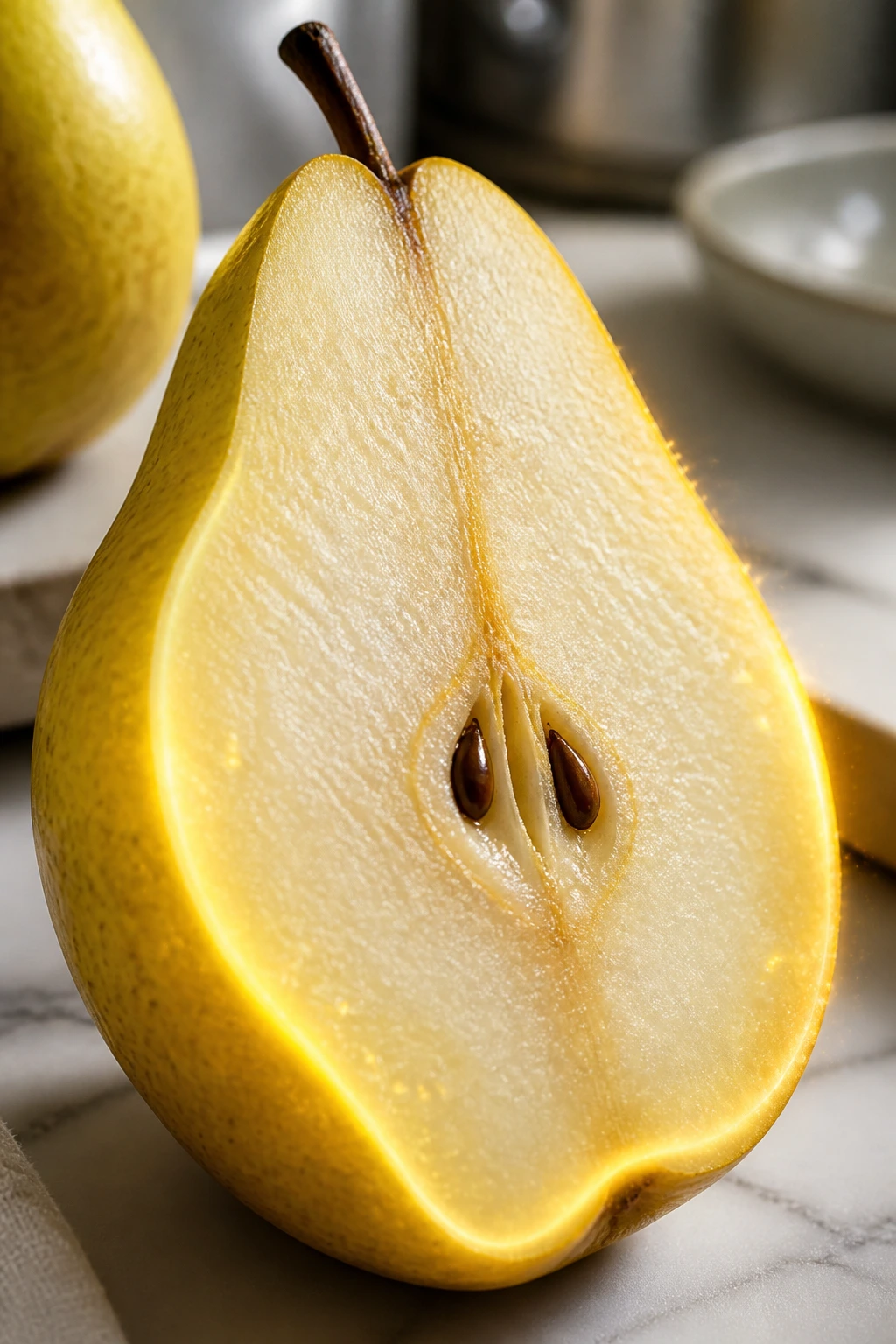 Do Pears Lower Cholesterol? Let's Find Out 8 Close-up of a pear with soft glow suggesting antioxidants supporting heart health