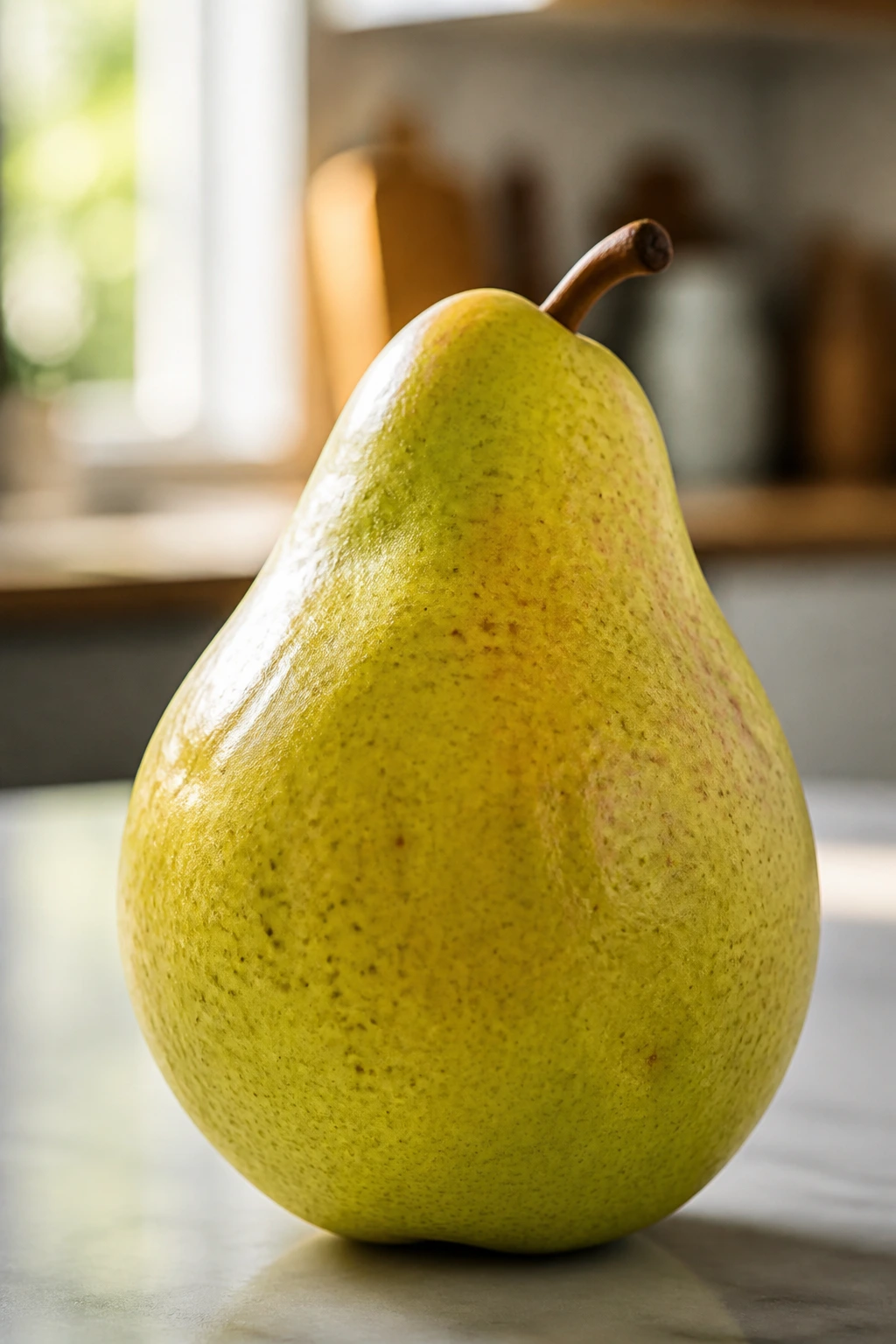 Pear close-up in kitchen with morning light