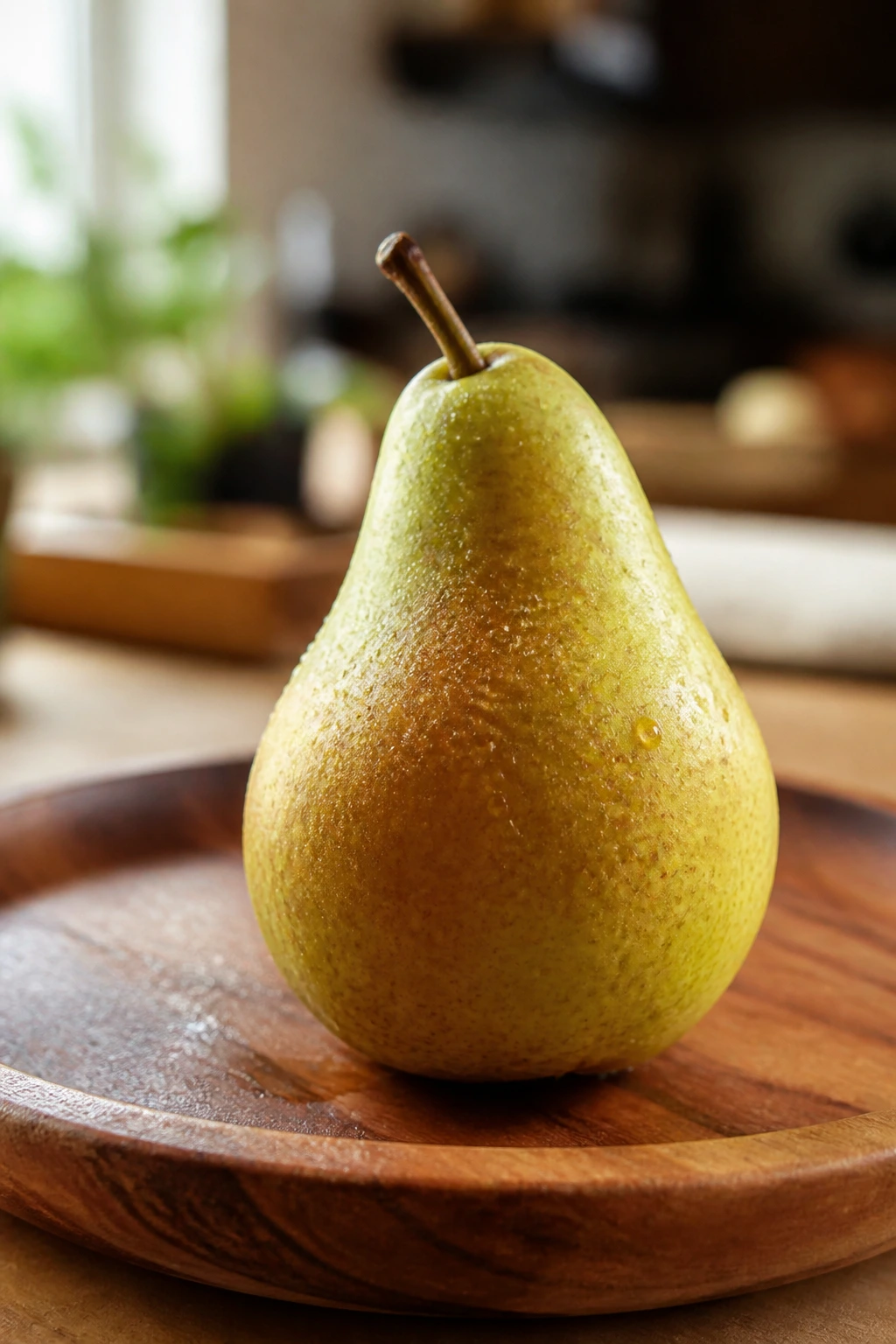 Do Pears Lower Cholesterol? Let's Find Out 10 Single pear on a wooden plate in a warm kitchen setting