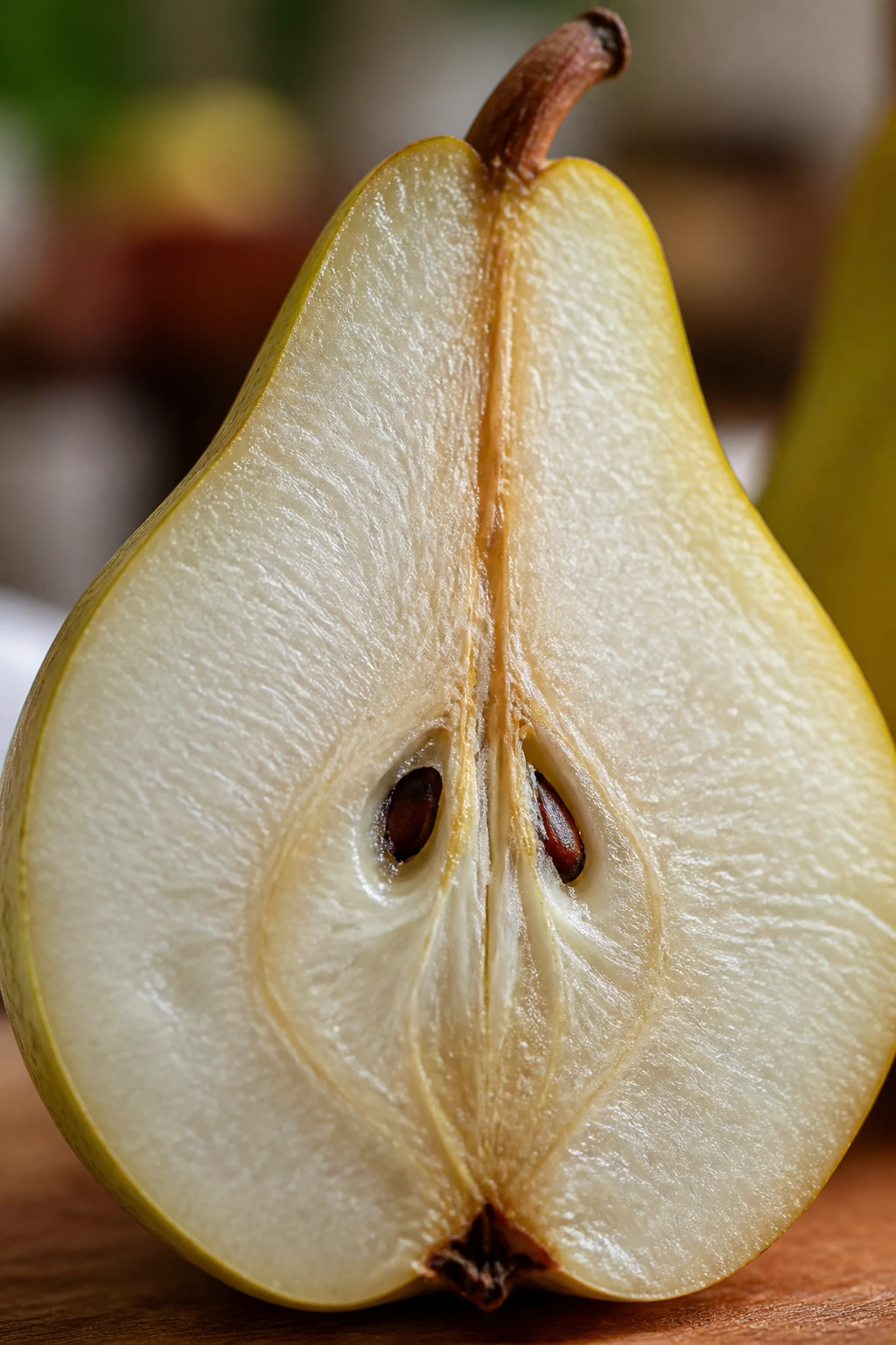 Do Pears Lower Cholesterol? Let's Find Out 7 Close-up of a pear half showing dense fibrous flesh to emphasize dietary fiber