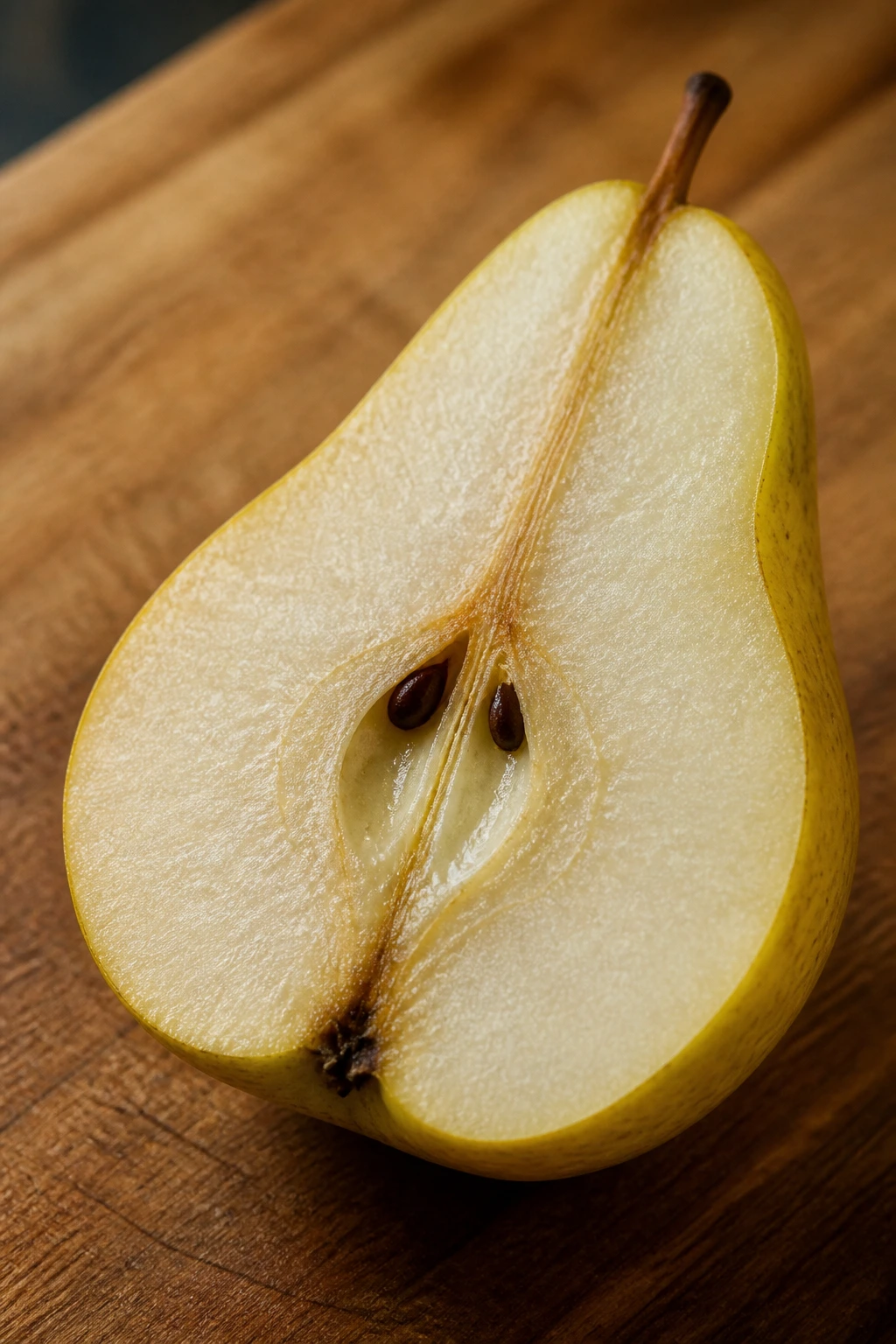 How Long Does Fruit Take To Digest? 2 Close-up of pear half showing fibrous interior