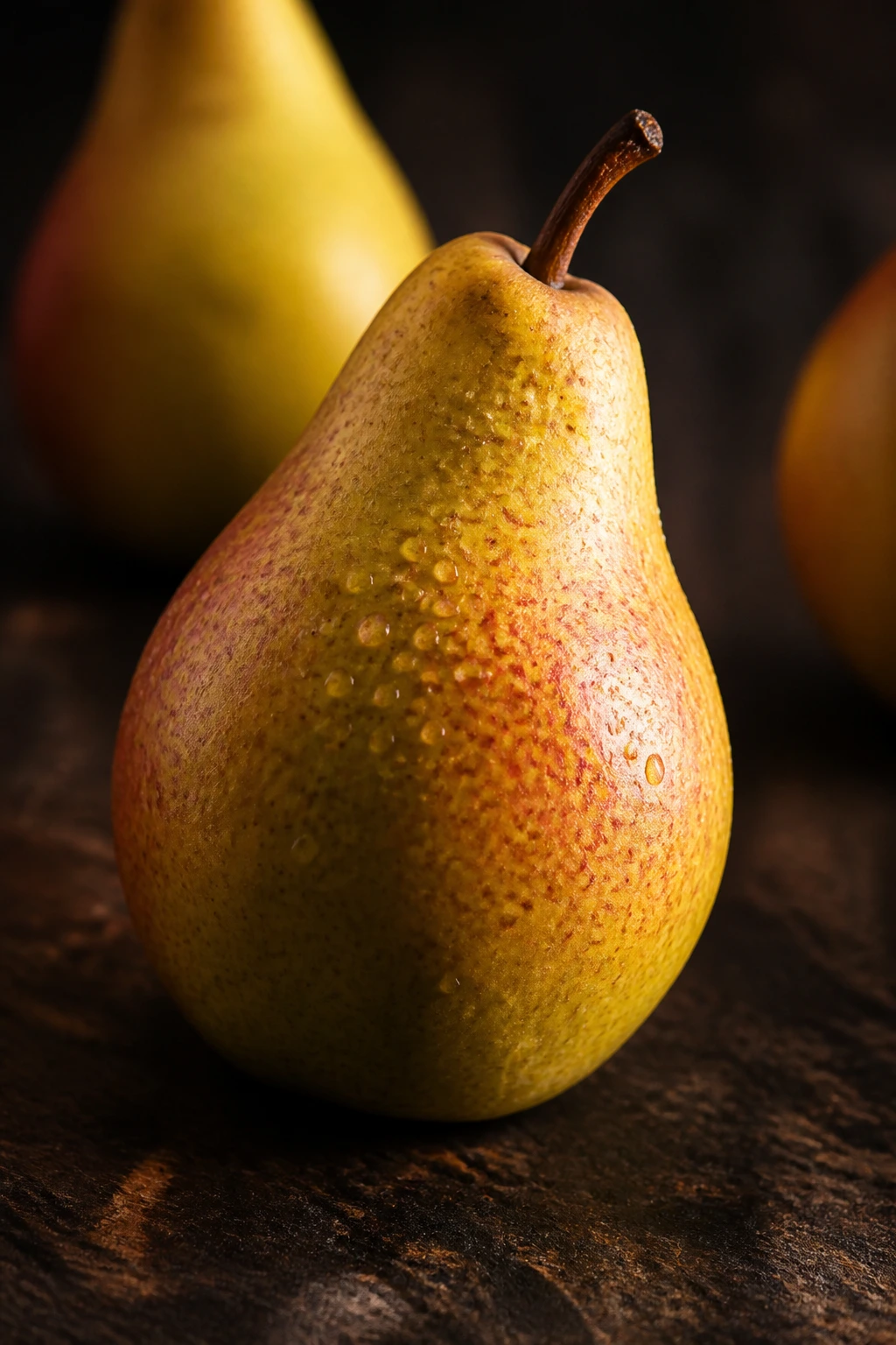 Do Pears Lower Cholesterol? Let's Find Out 6 Pear on dark rustic surface with warm lighting