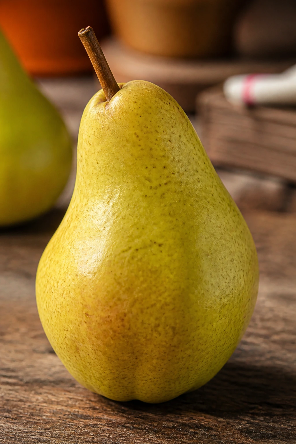Do Pears Lower Cholesterol? Let's Find Out 3 Close-up of a ripe pear on a wooden kitchen counter in warm light