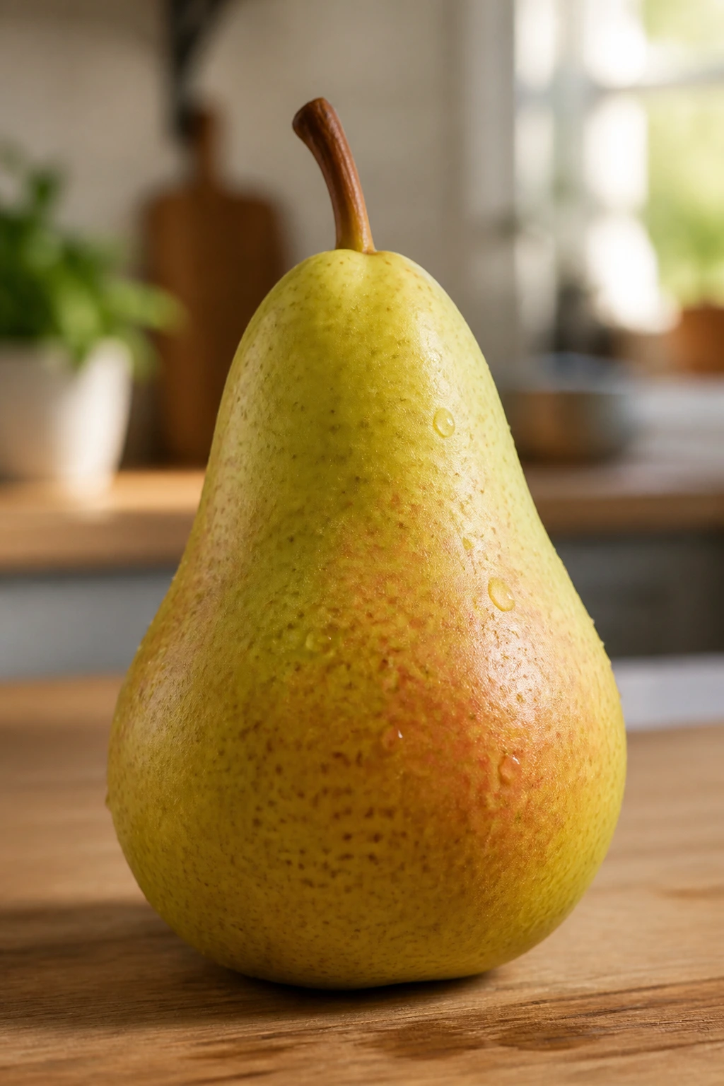 Pear close-up in a cozy kitchen