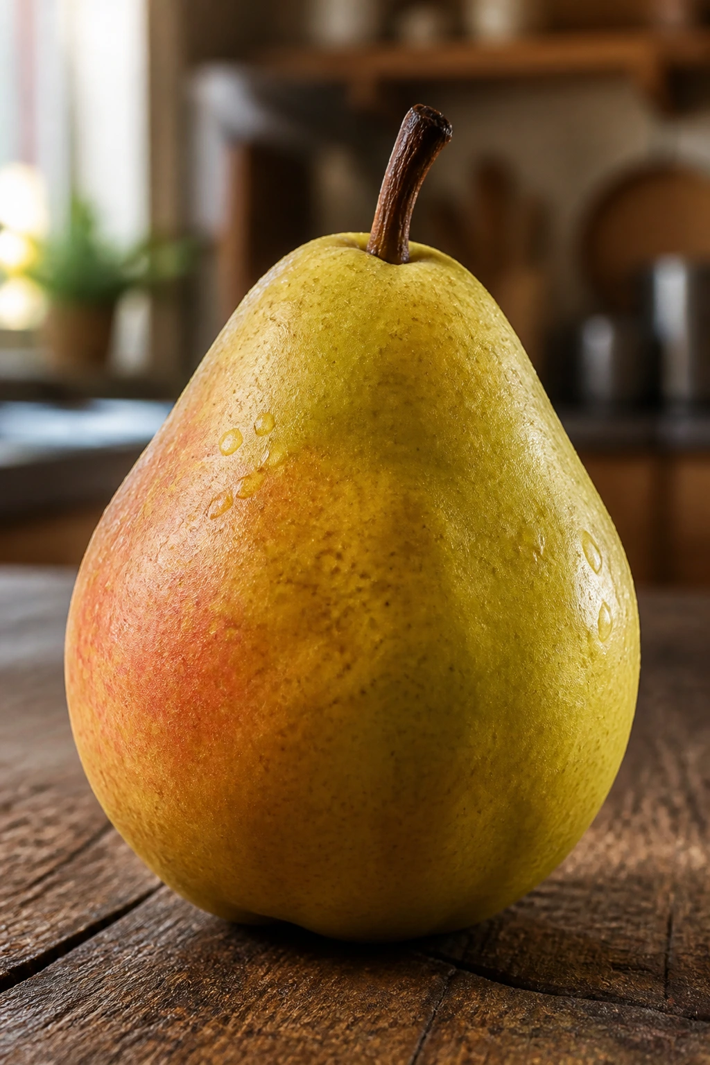 Single pear on a wooden surface with warm kitchen light