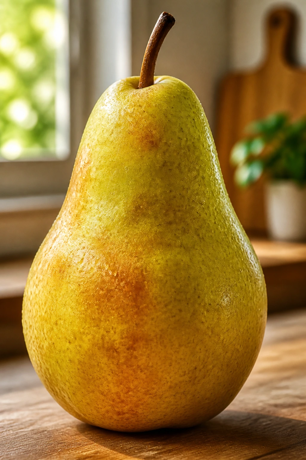 Close-up of a ripe pear in a warm kitchen setting