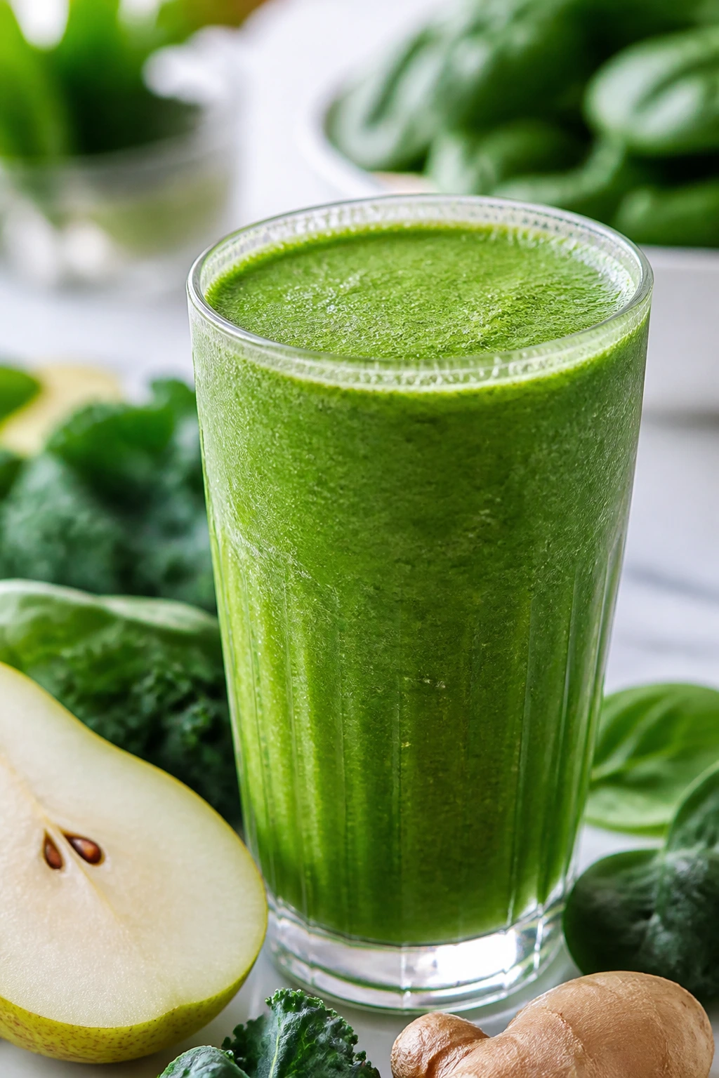 Close-up of a glass of Pear Green Detox Juice with vibrant green color.