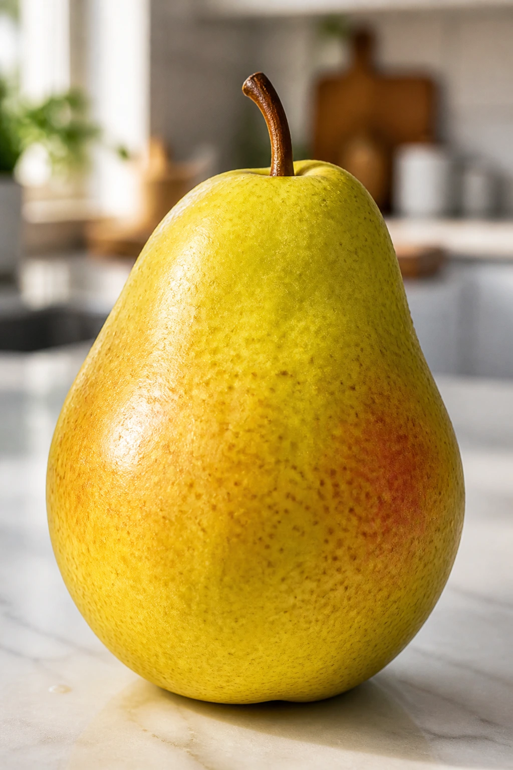 Close-up of a pear in a bright kitchen