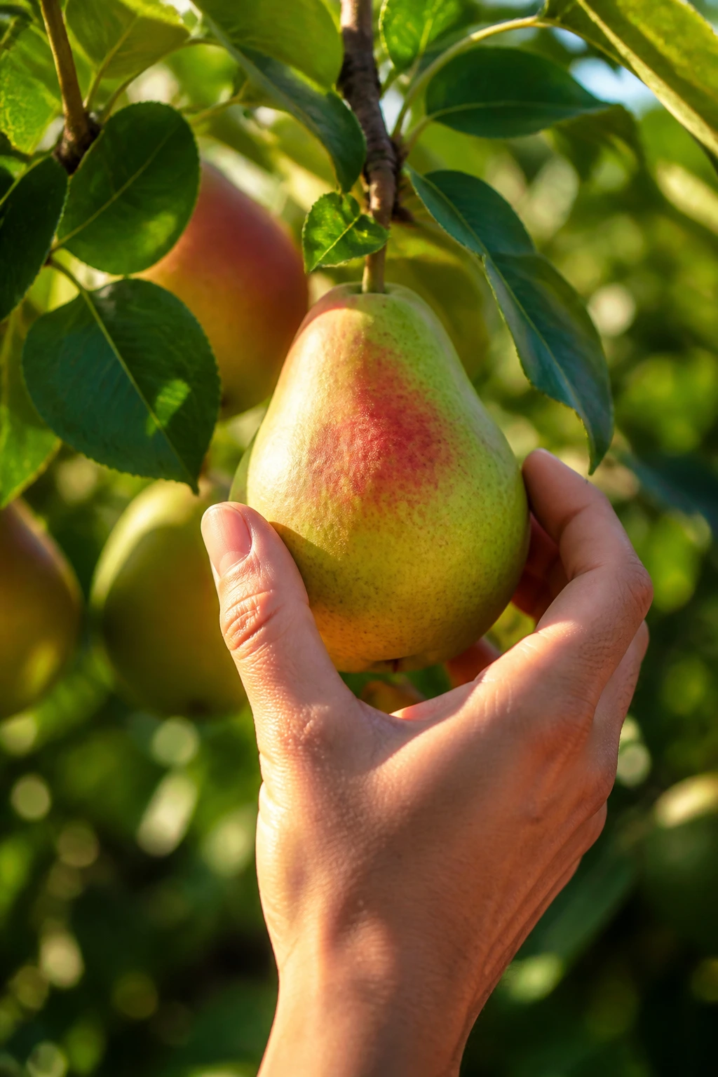 Texture Matters: Why Are Pears Gritty? 4 Hand reaching to pick a pear from a tree in an orchard