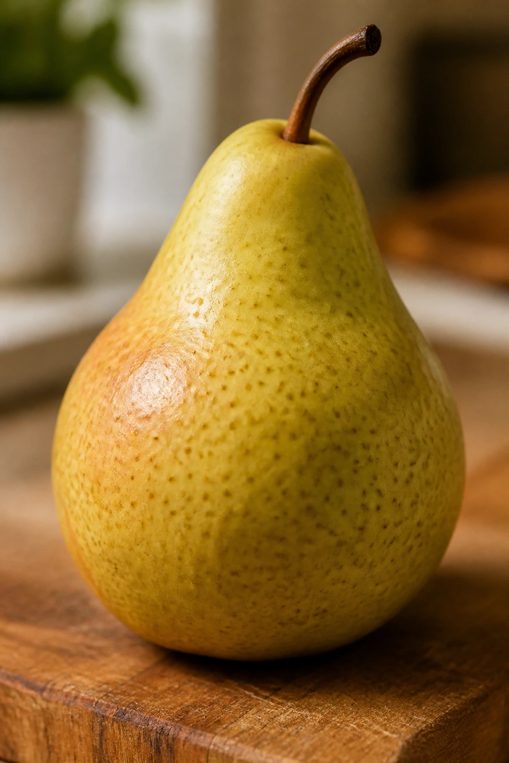 Is Pear A Tropical Fruit? All You Need To Know 2 Close-up of a pear on a wooden board with warm indoor light