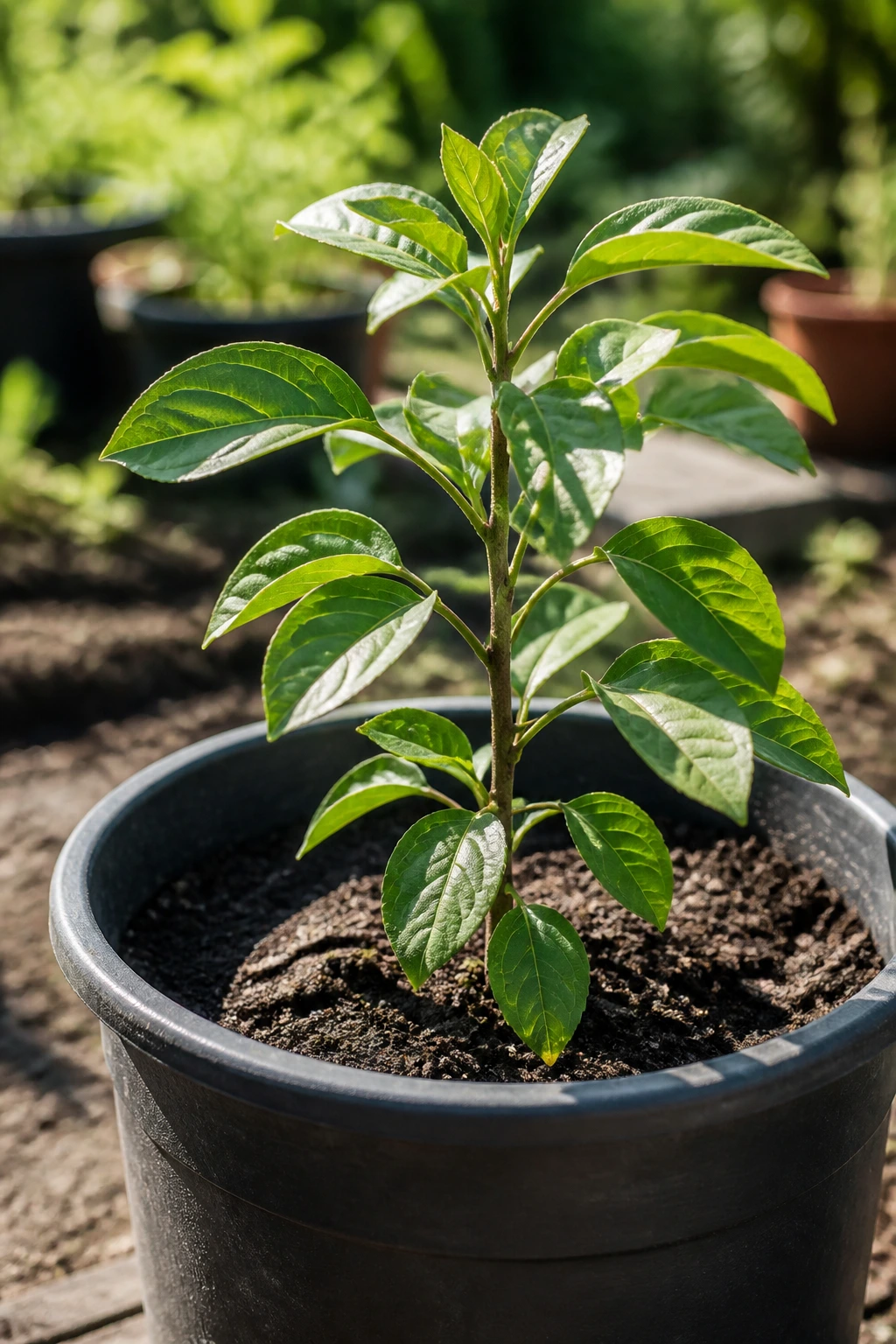 Young pear sapling in outdoor pot in a sunny garden