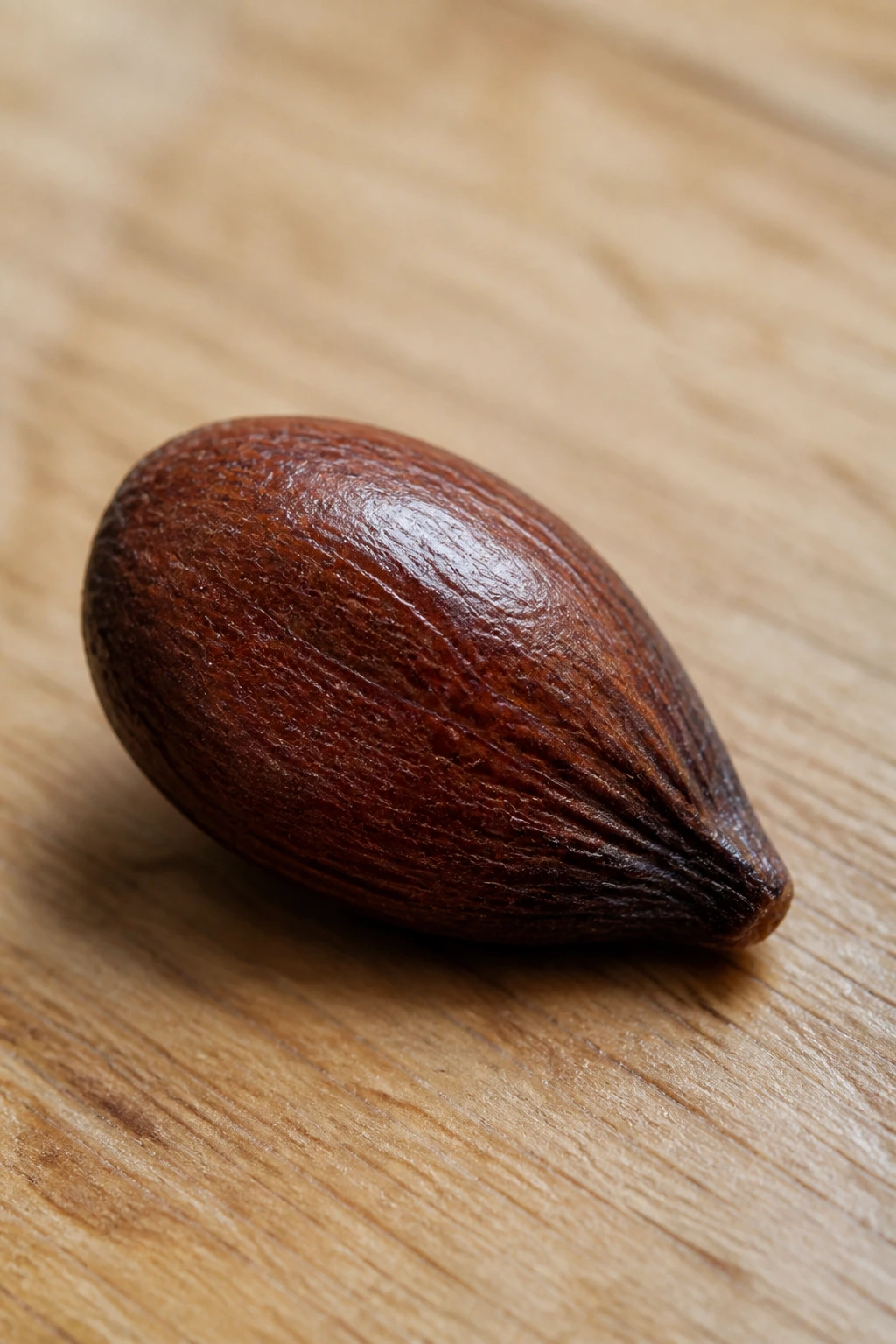 Macro close-up of a pear seed on a wooden counter suitable for seed selection