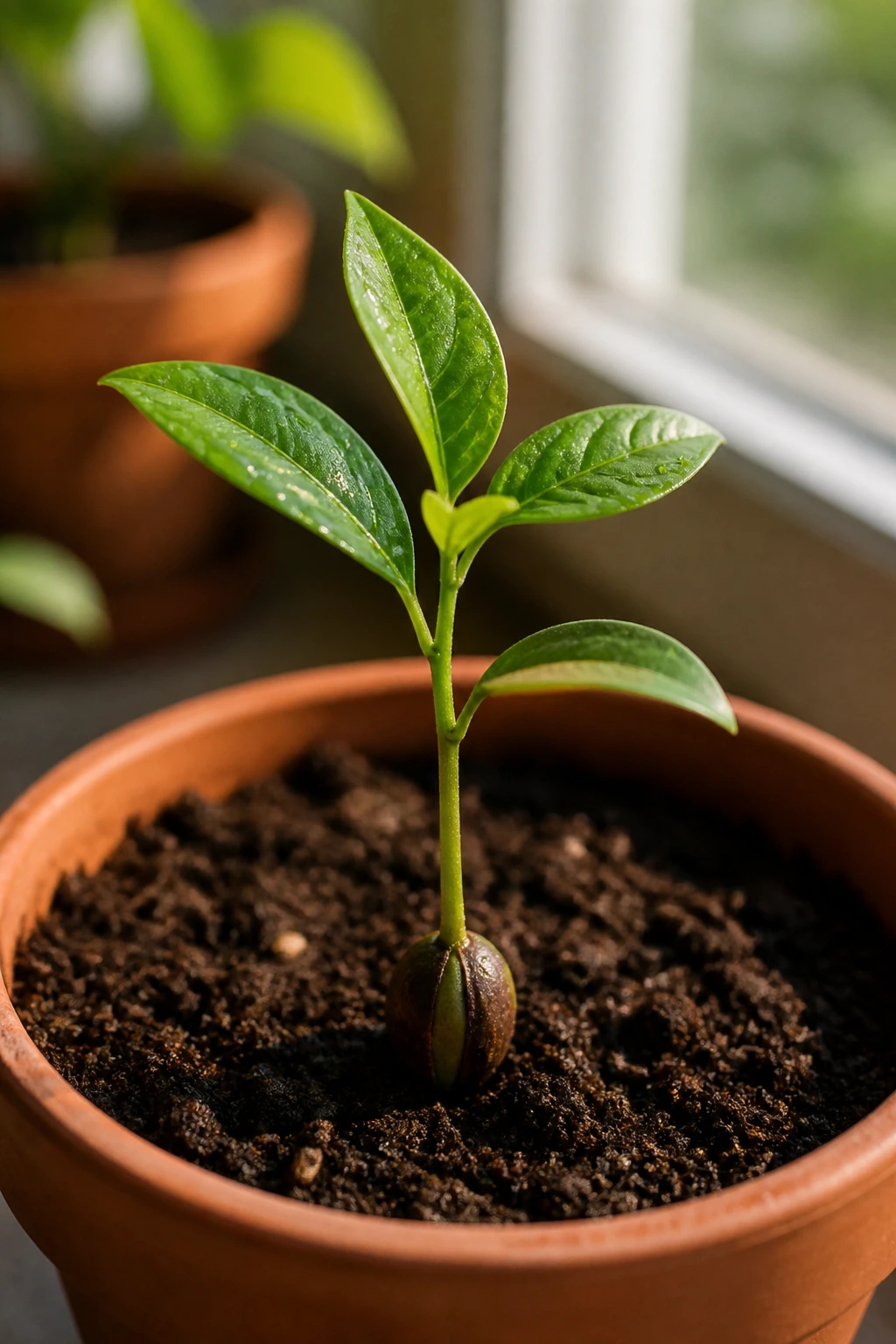 Young pear seedling in a pot getting sunlight from a window