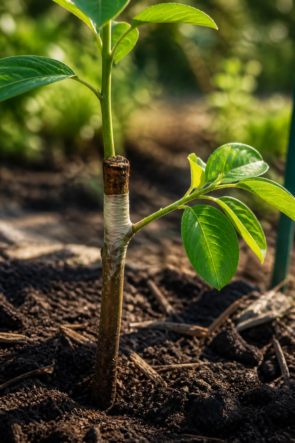 Close-up of a pear seedling with a grafted branch in a garden bed, highlighting growth and grafting concept