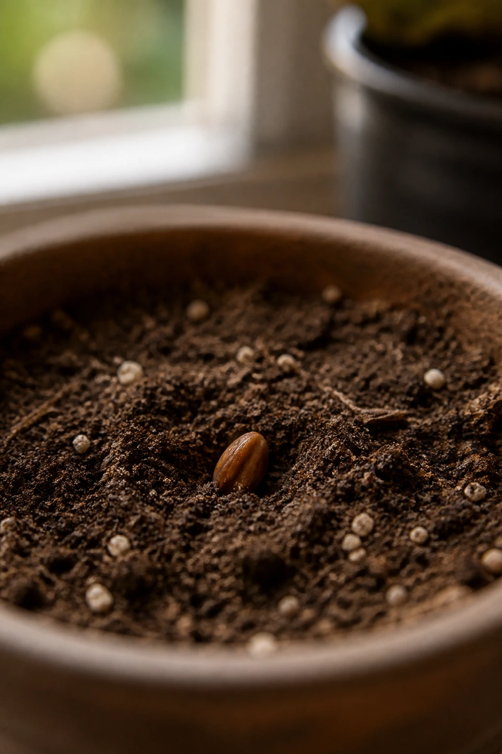 Pear seed being planted into soil in a small pot